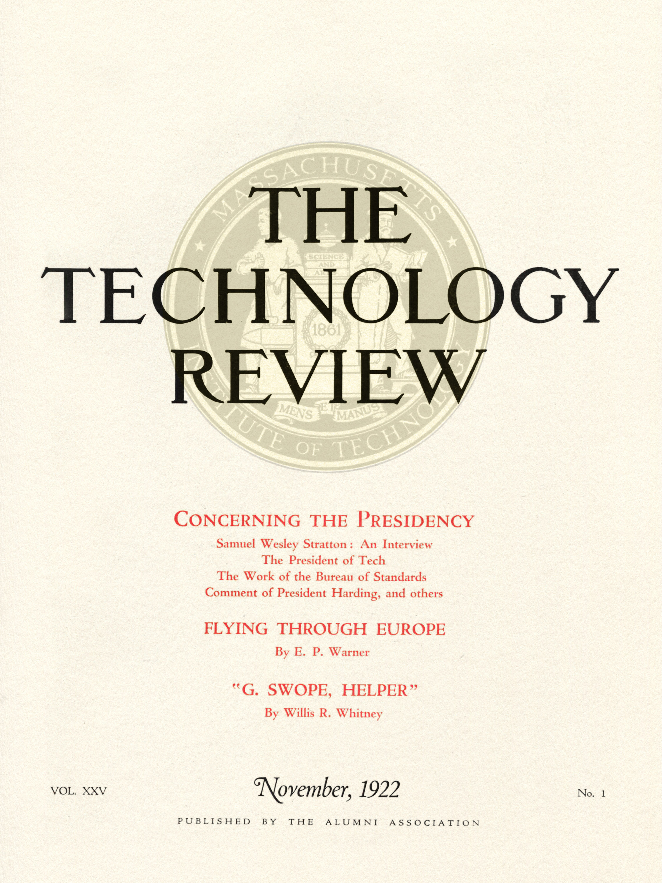 title page of The Technology Review from November 1922