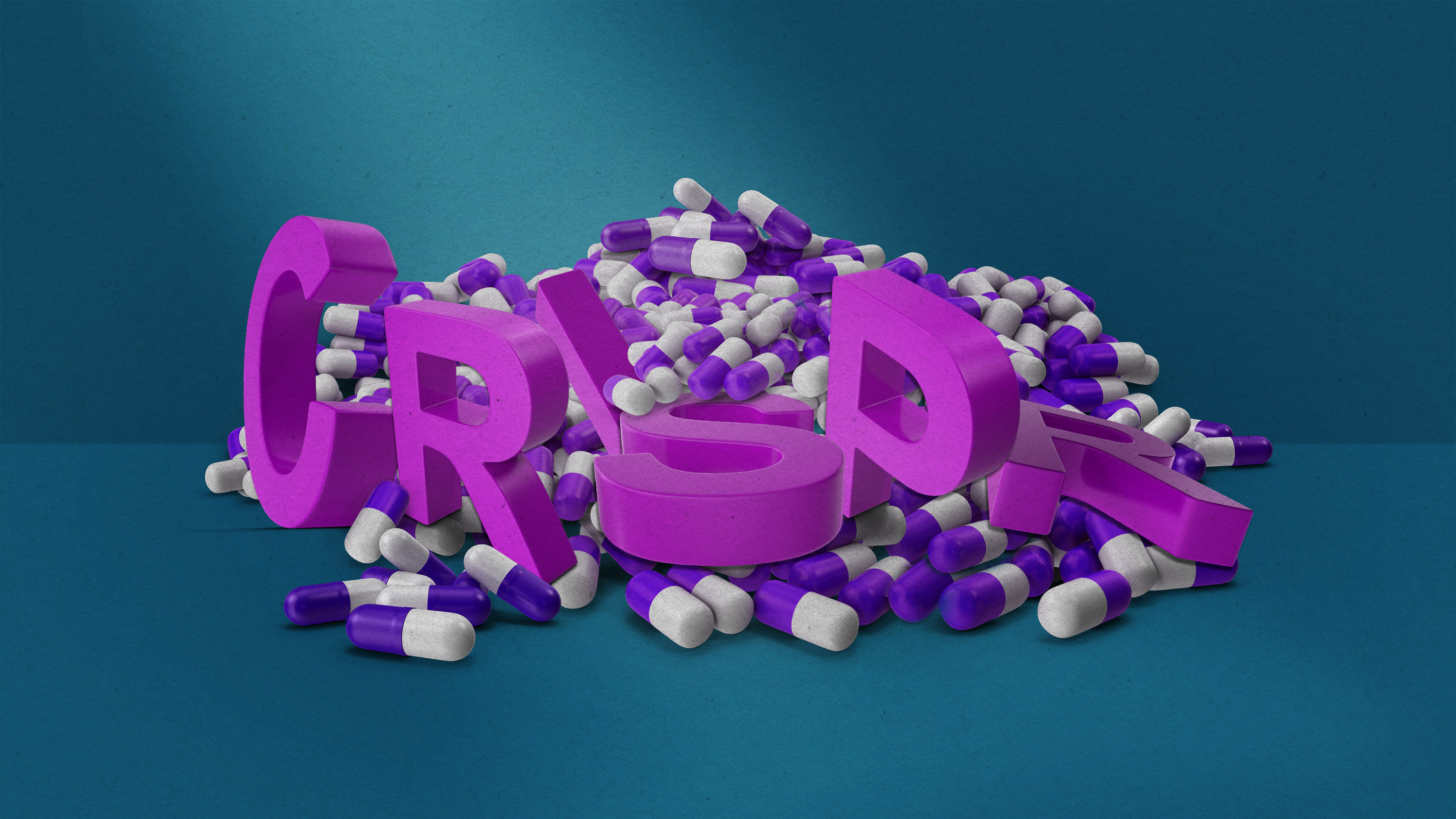 a pile of pills topple and partially cover letters spelling, &quot;CRISPR&quot;