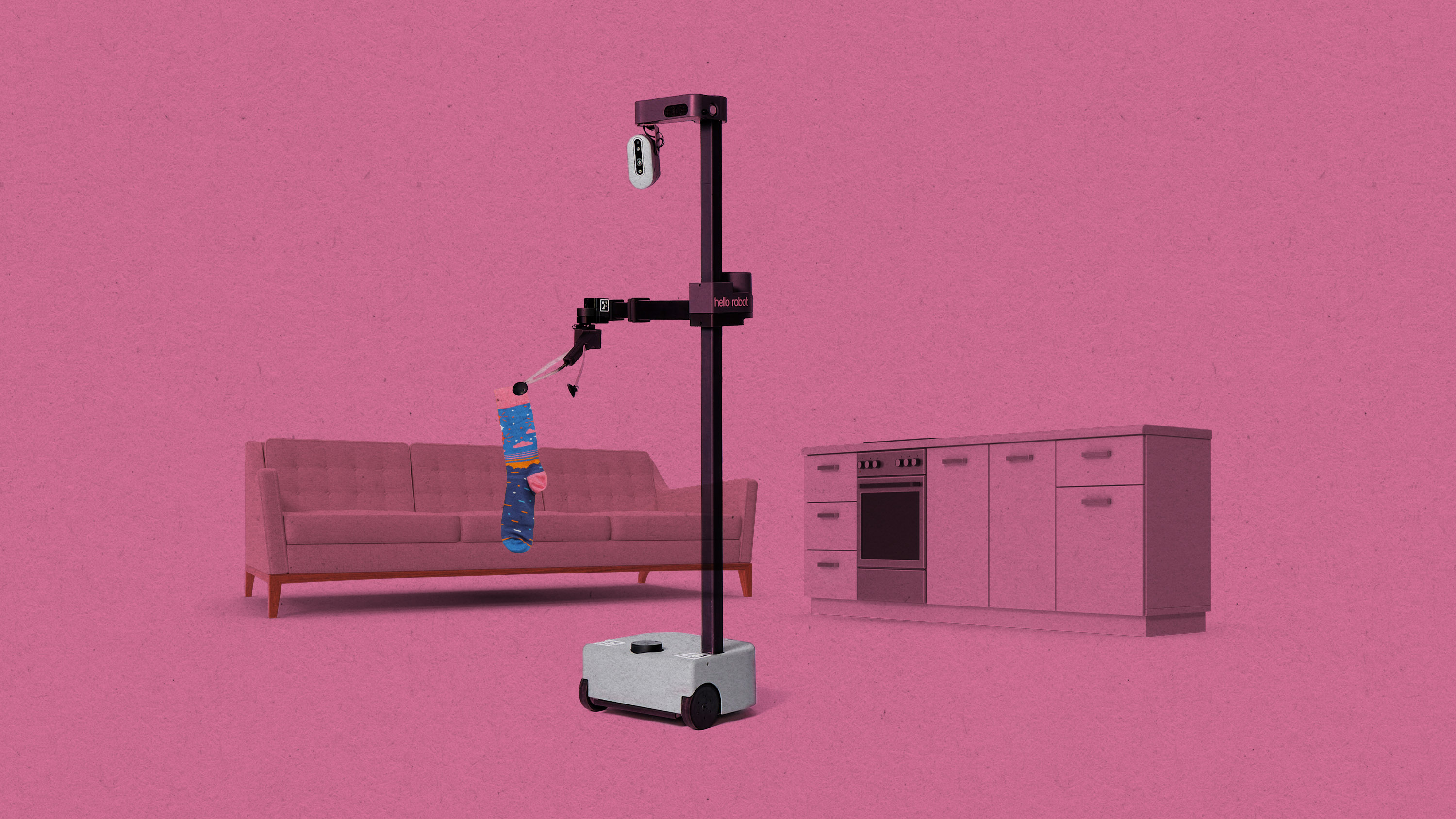 a Stretch robot holding a sock in a room with a sofa and kitchen counters