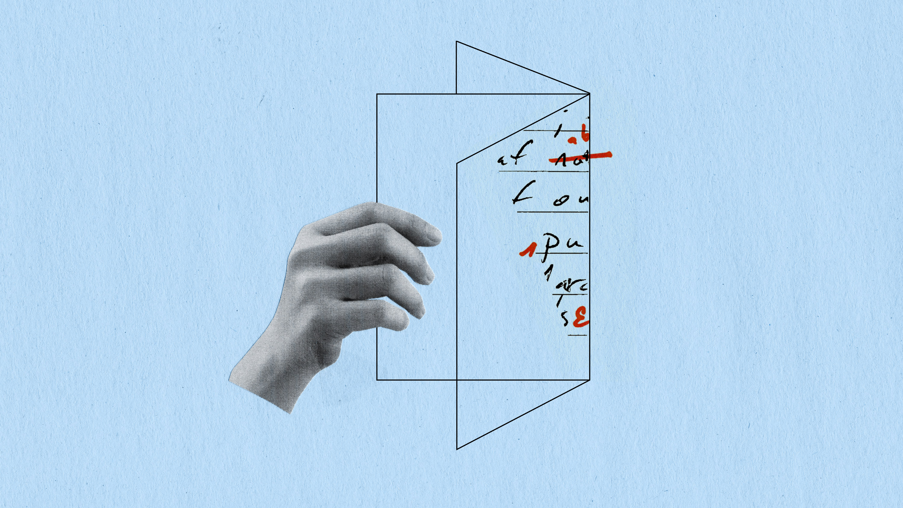 hand holds the shape of an edited magazine represented by vector lines with a fragment of marked up text