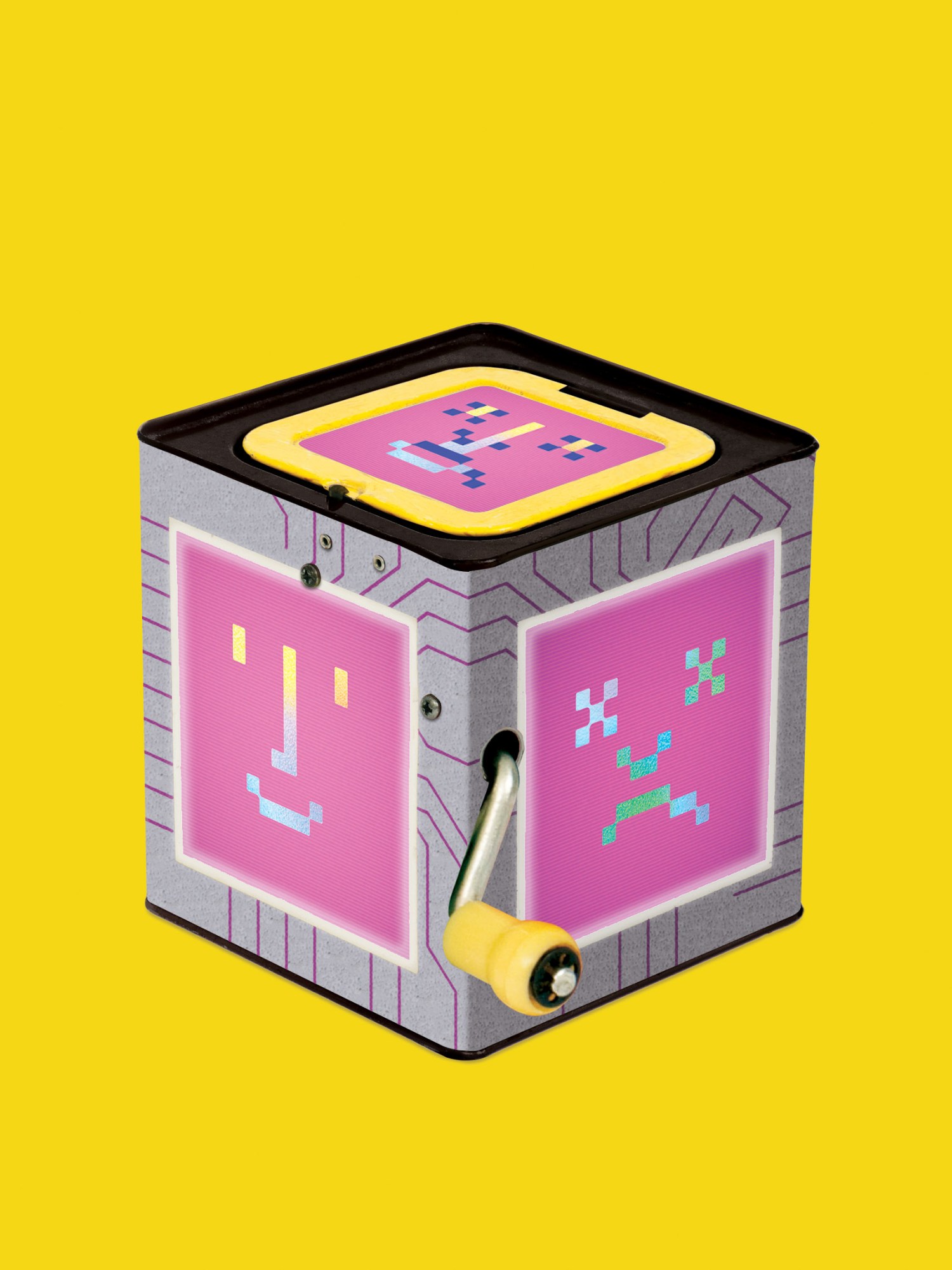 a jack-in-the-box decorated with pixel faces