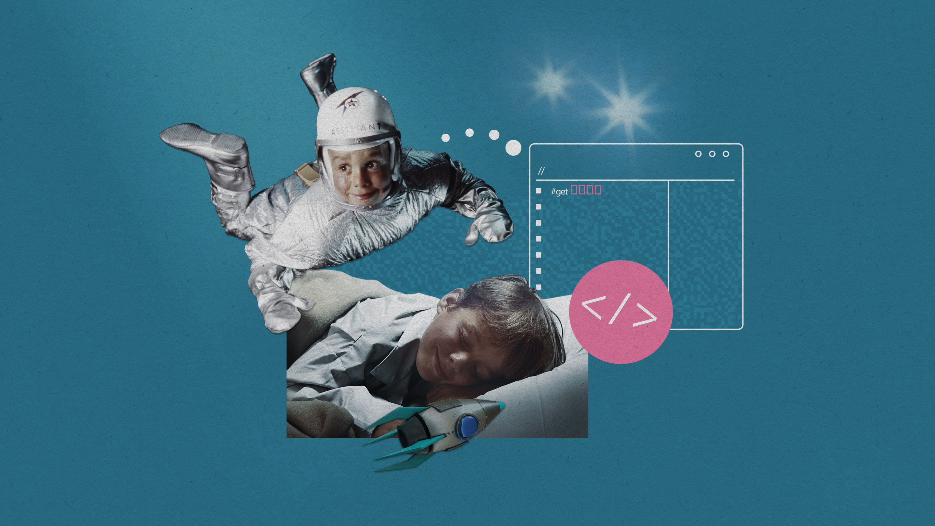 a sleeping boy dreaming of an astronaut self with &quot;Assistant&quot; on his space helmet who is dreaming of a code window