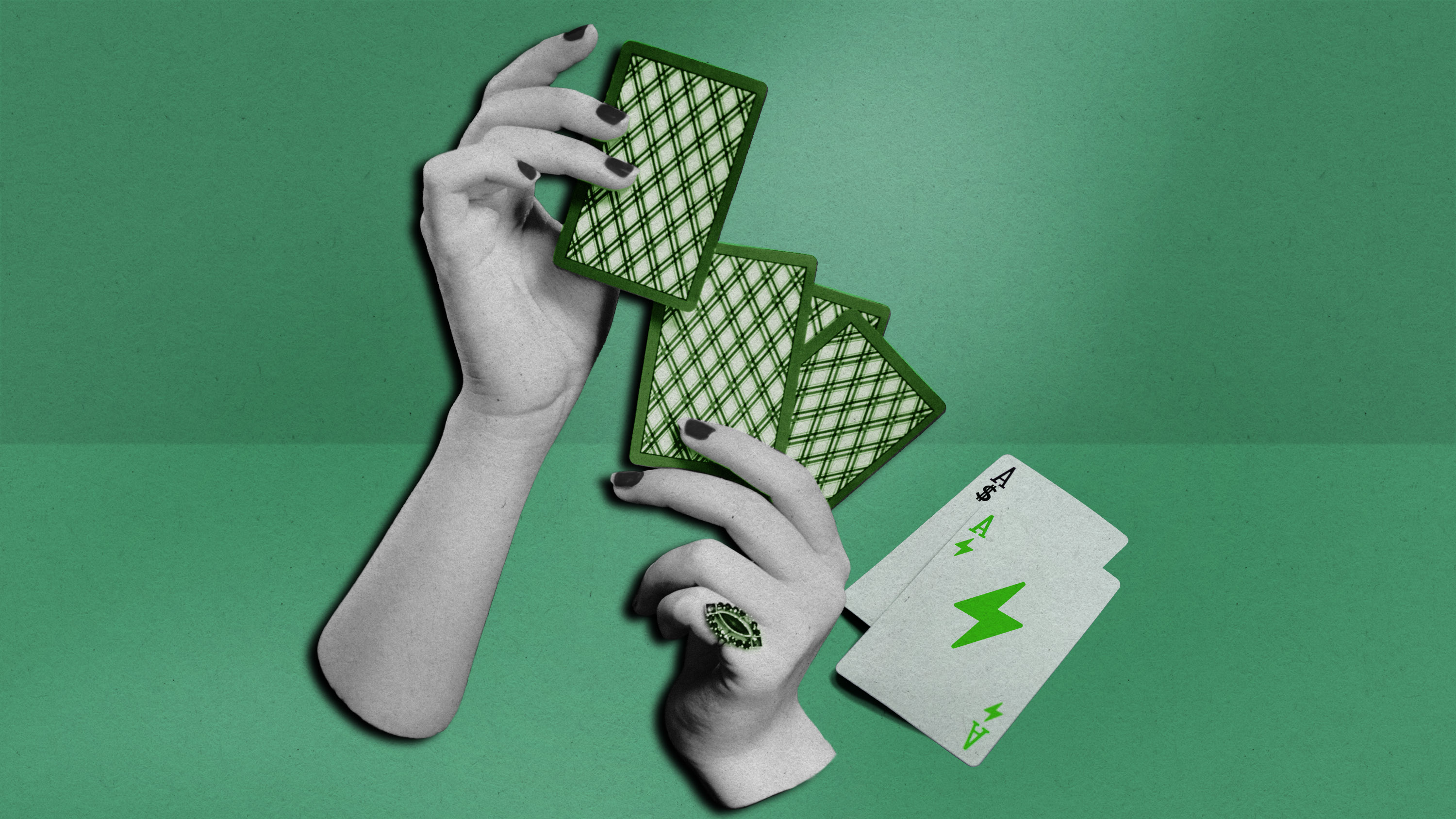 hands holding 4 cards with 2 Aces on the table showing in the suits of Money represented by a dollar sign, and Energy represented by a lightning bolt.