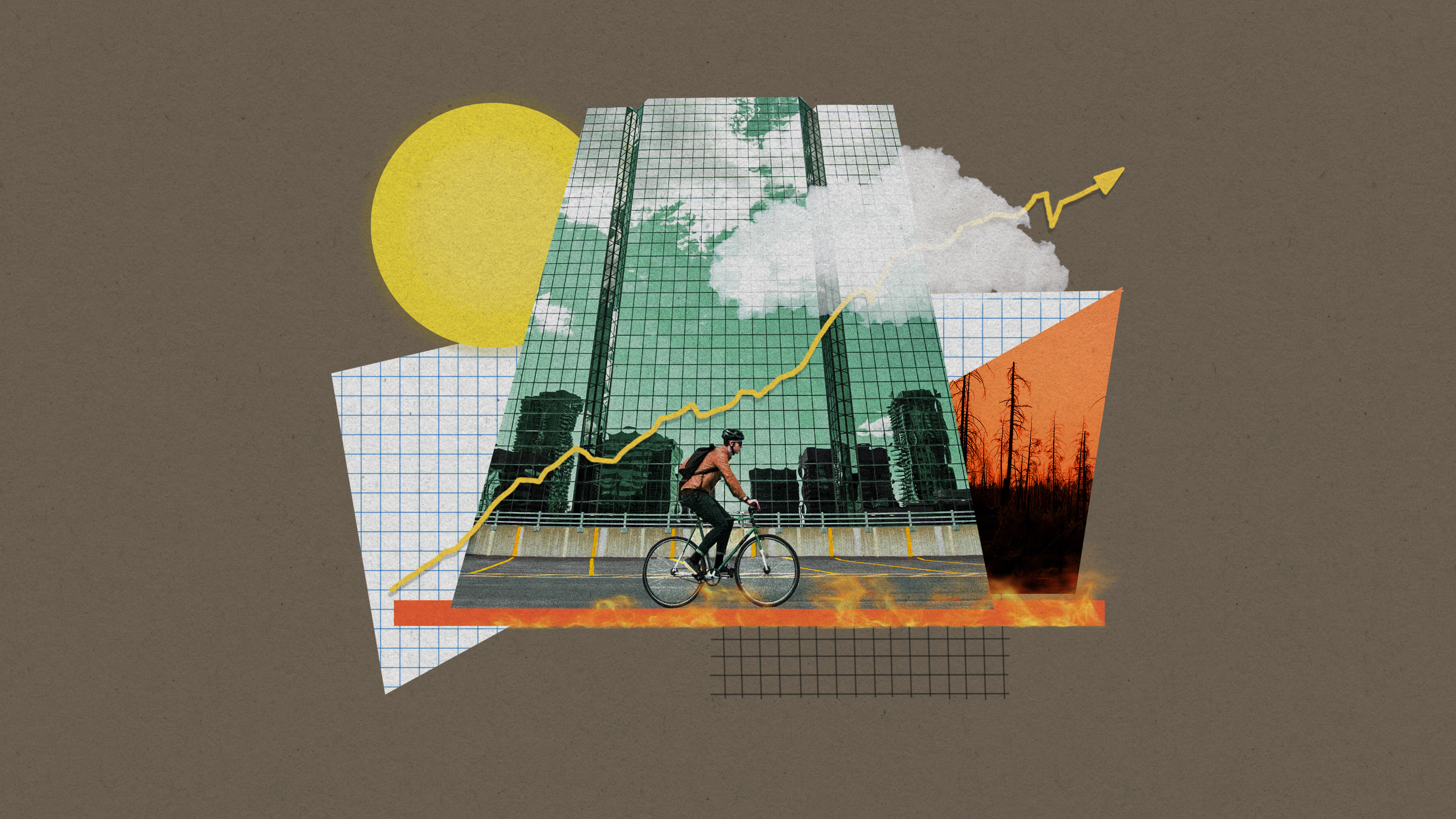 climate change data over the grid of a glass building with a cloudy sky reflected in it. A bicyclist rides in that direction with fire under their wheels.