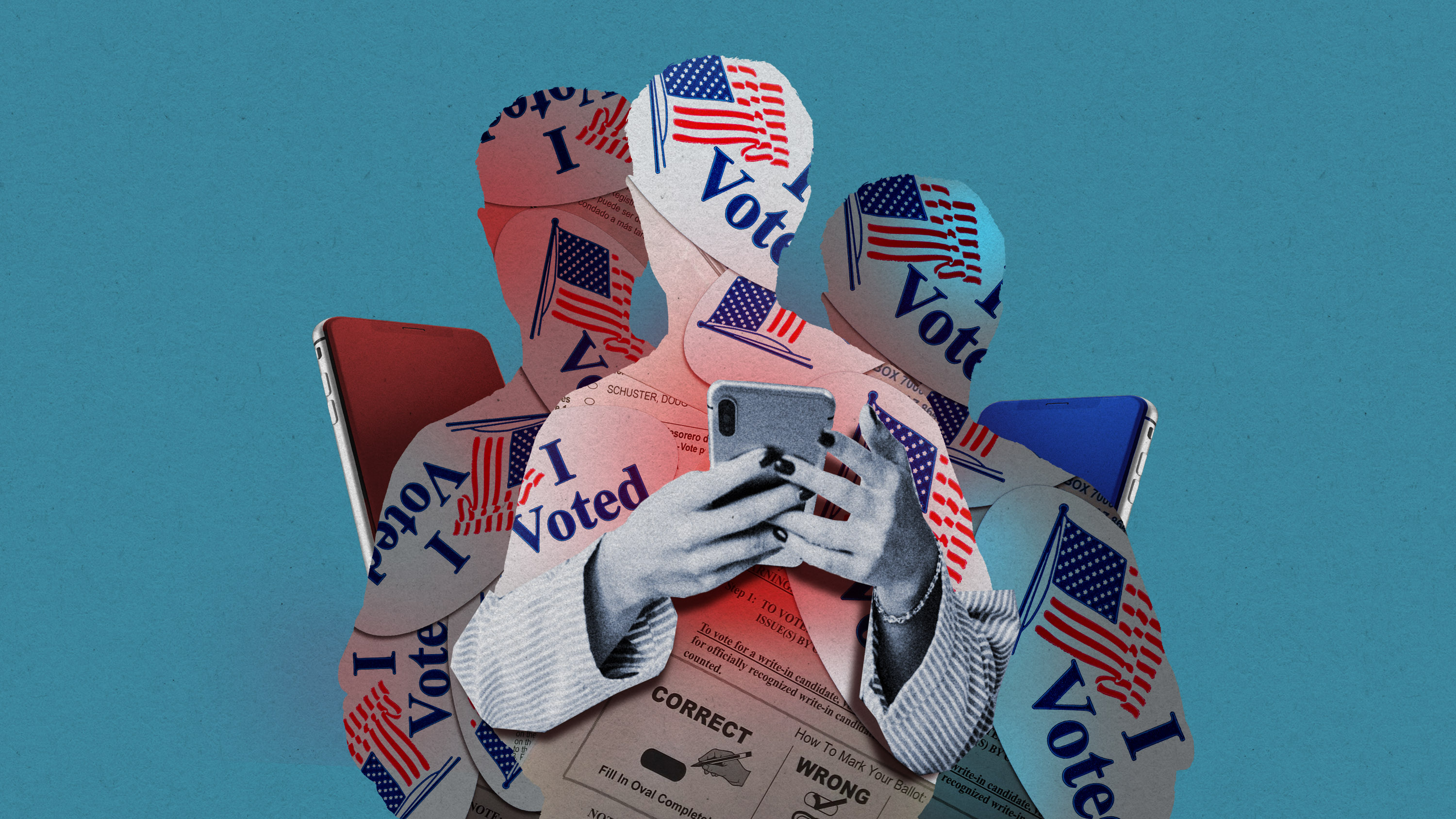 three figures covered in "I Voted" stickers lookat their phones which glow blue and red