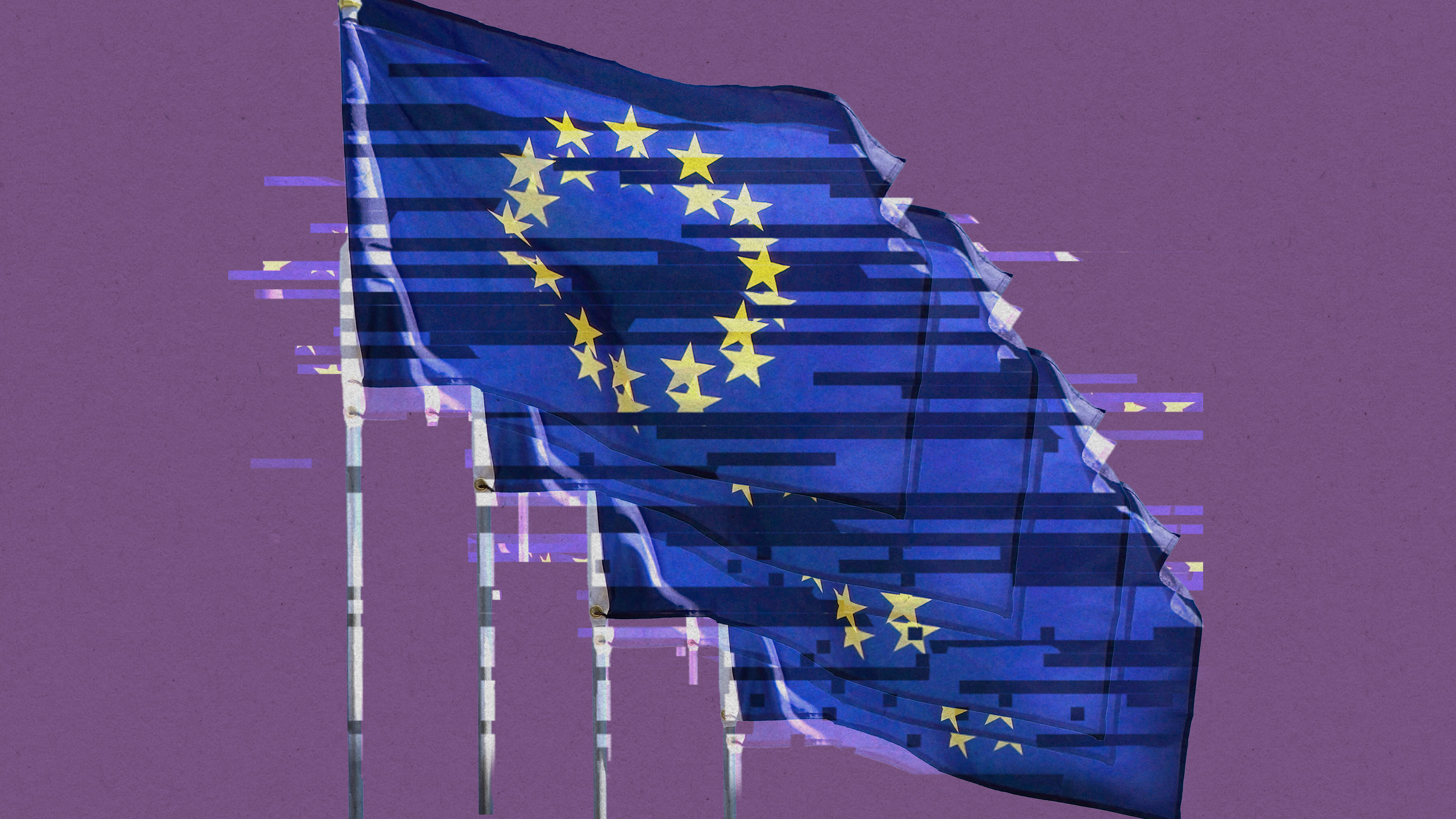 glitched row of four waving European Union flags