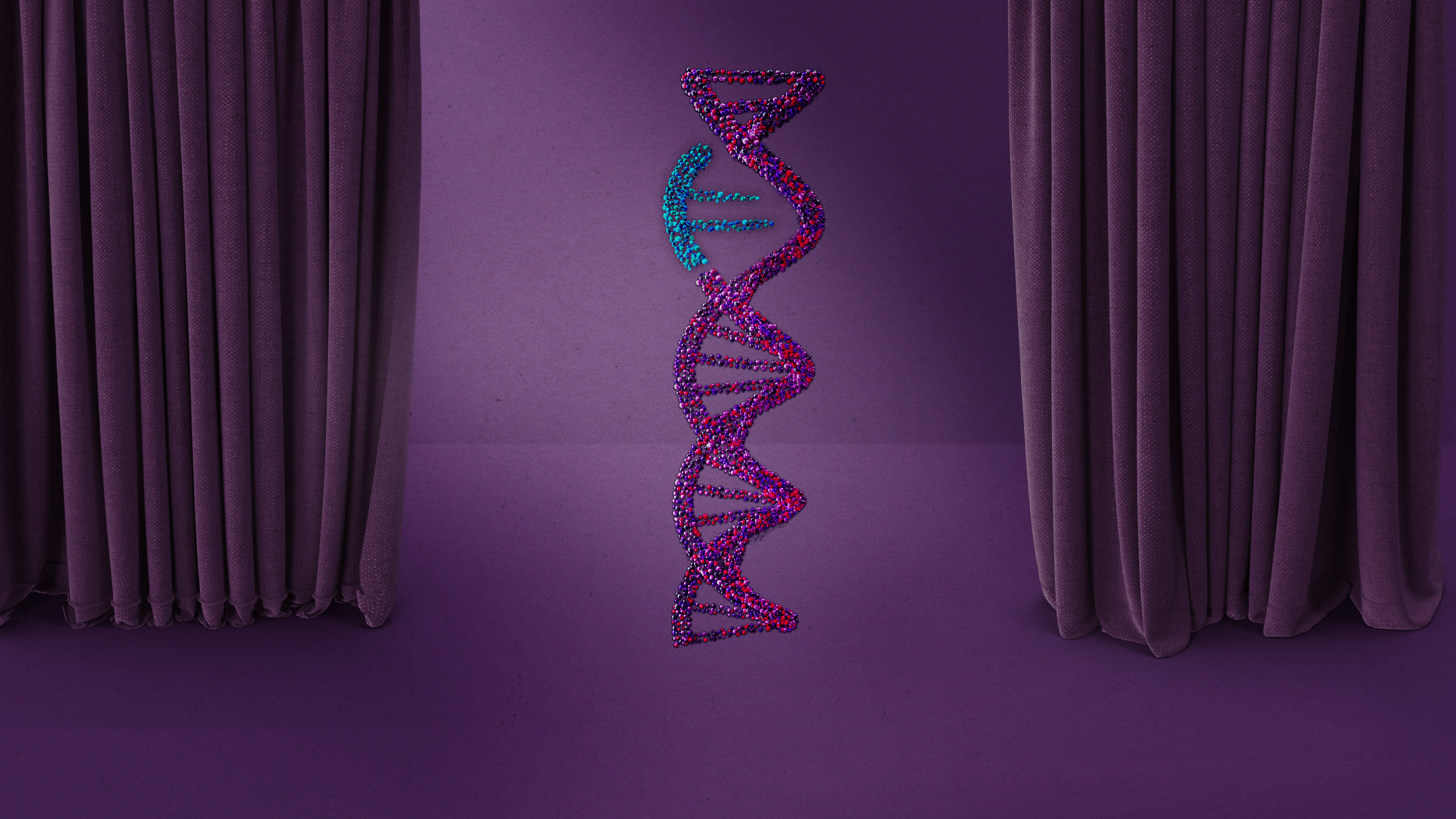 an altered strand of DNA spotlight on a purple stage with theatrical curtains