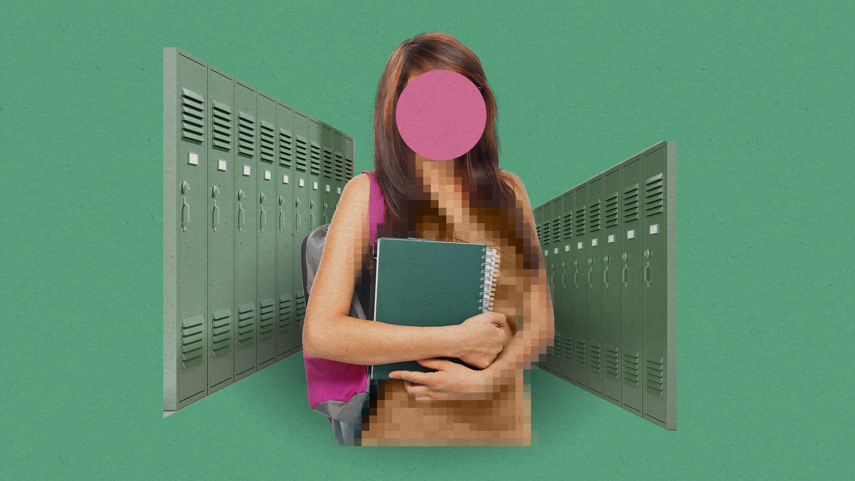 a pixelated and anonymized teenaged girl holds her books across her chest with rows of high school lockers framing her