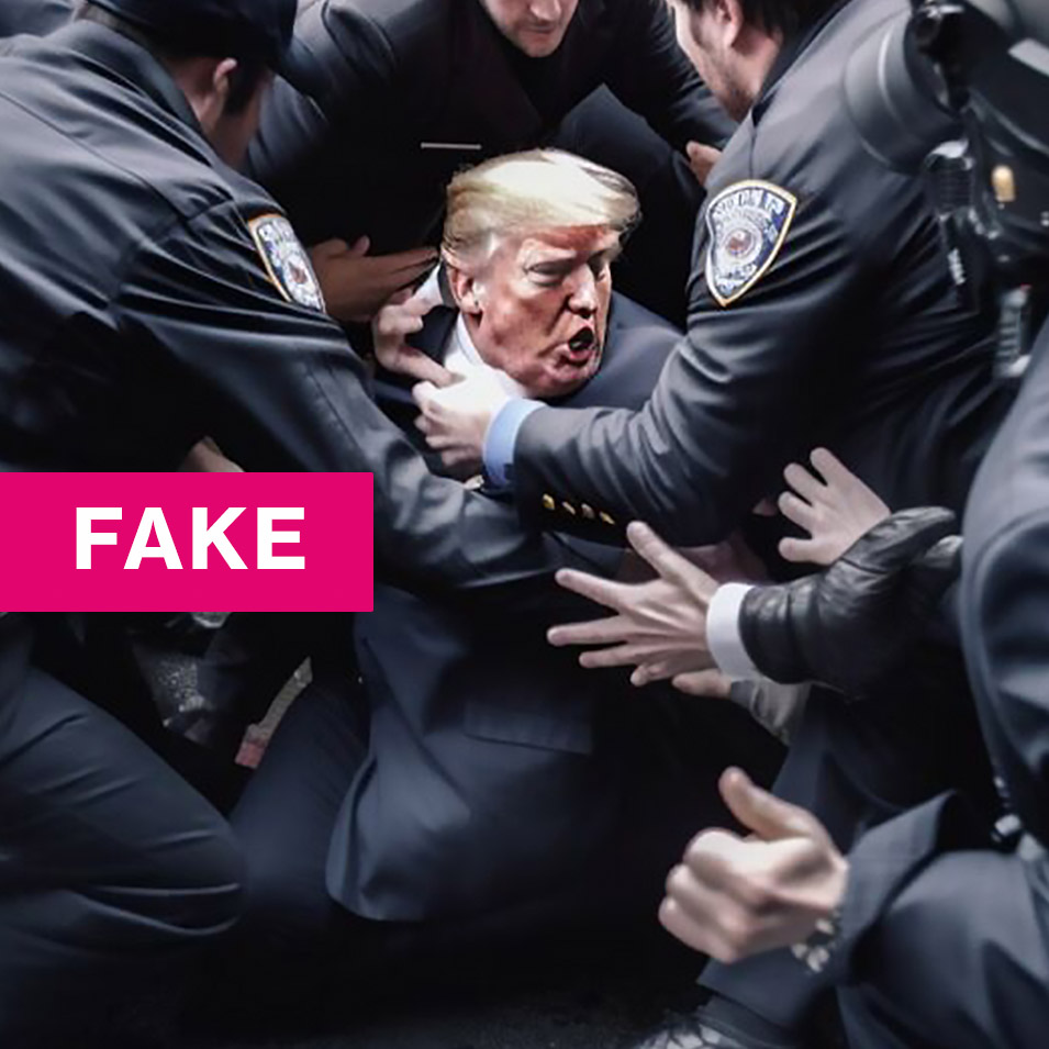 an ai-generated image of Trump being wrestled to the ground by a crowd of  uniformed police with the caption FAKE on it