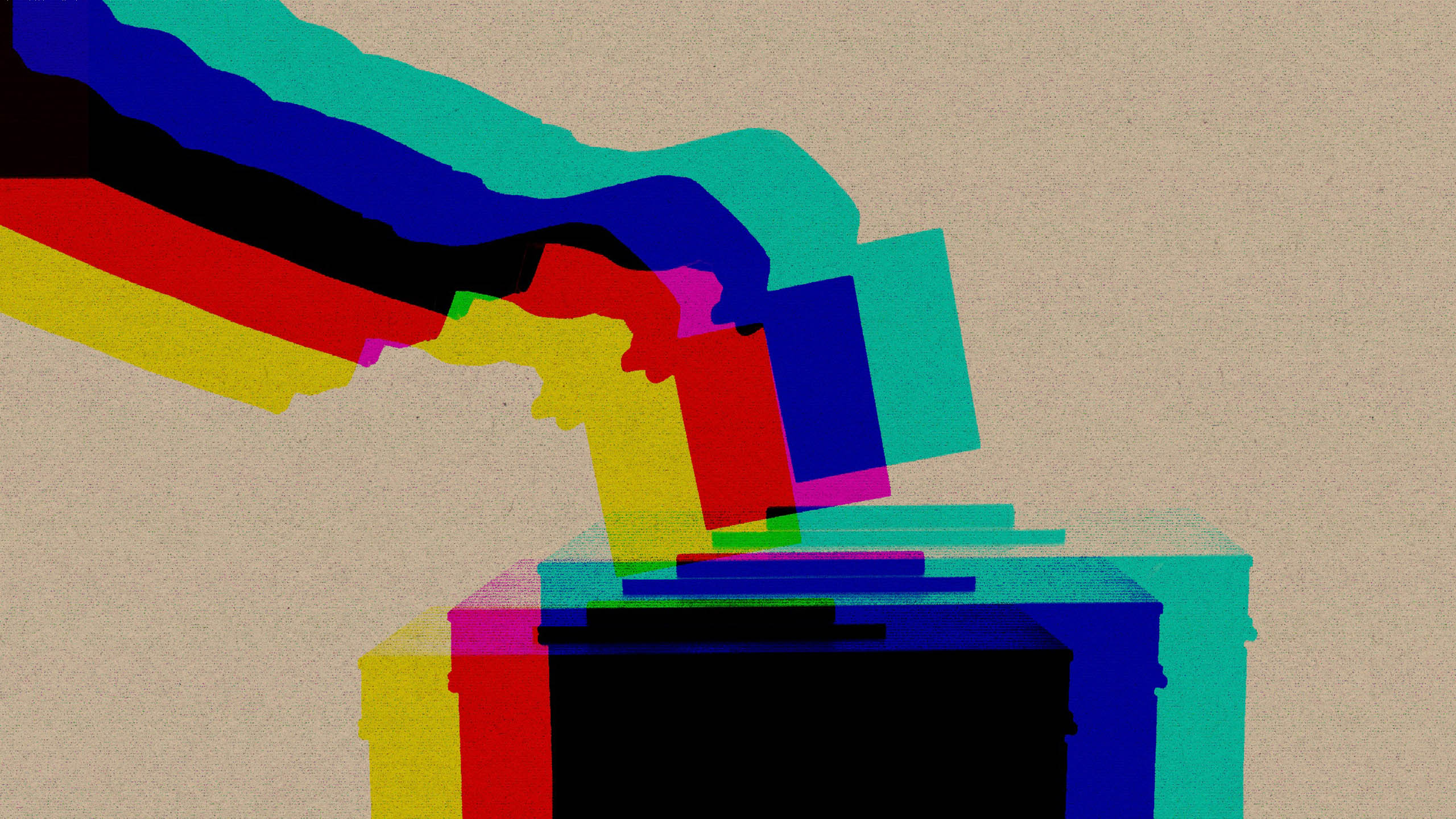 A digitially-glitched silhouette of a hand casting a vote in a ballot box.