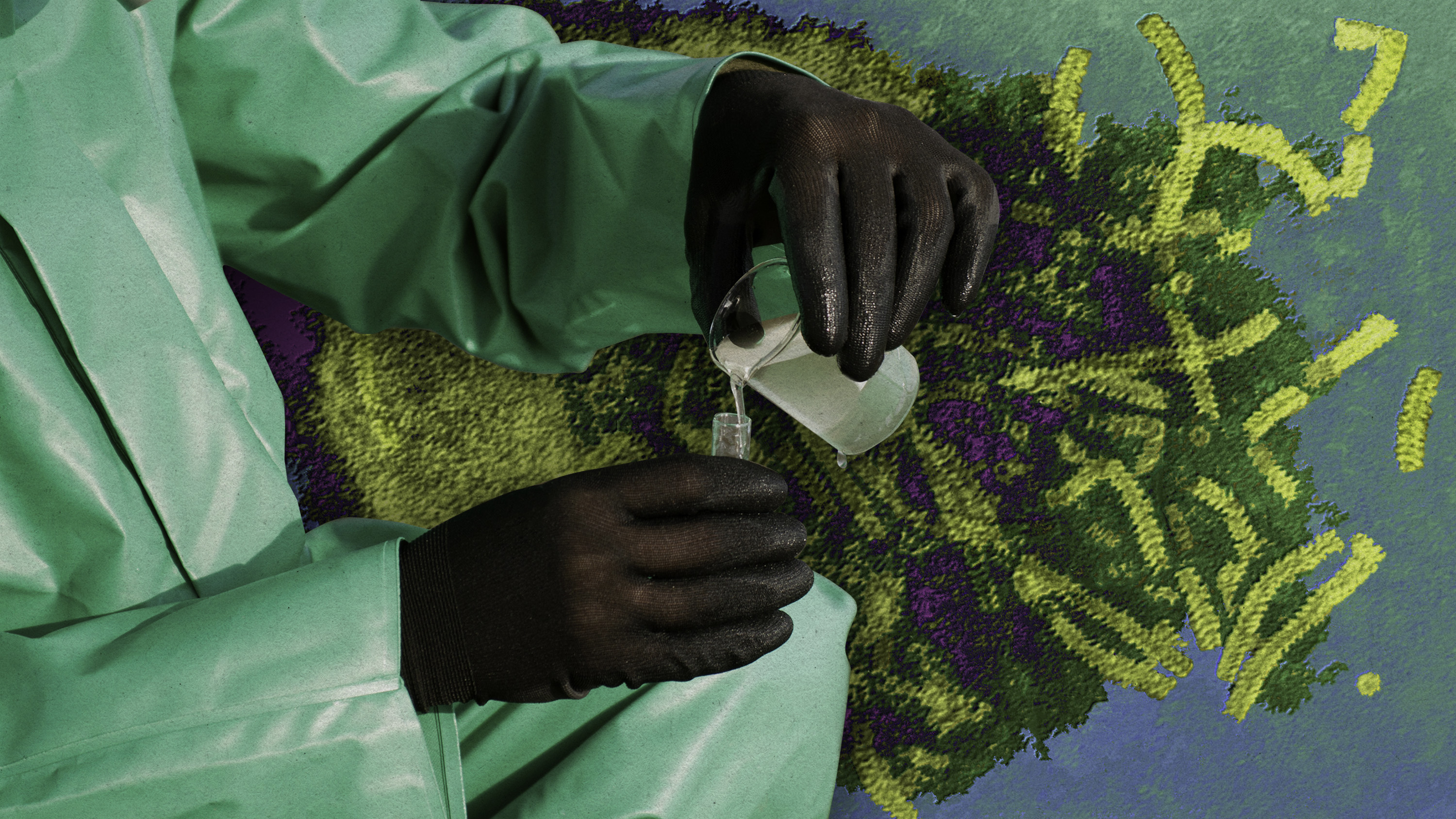 Photo Illustration of technician taking samples of water in the field over a microscope image of measles