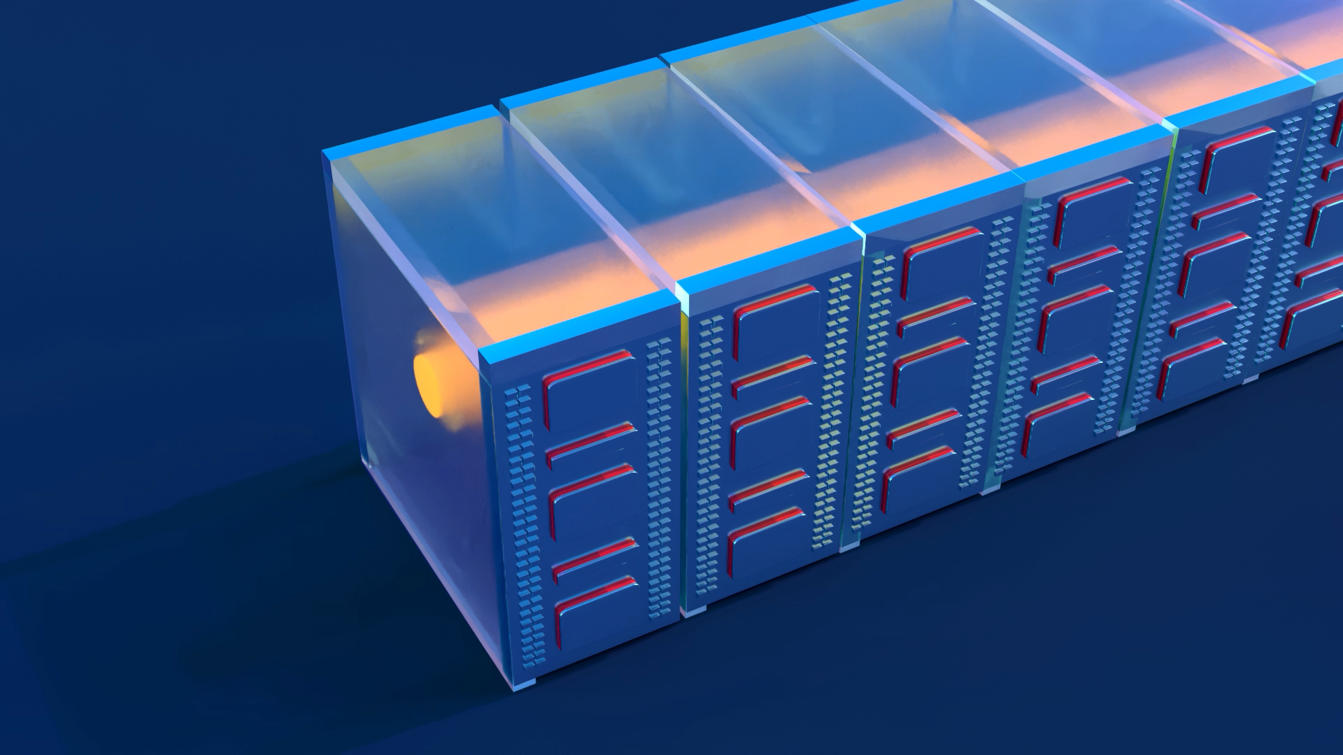 3D render of a glowing series of exascale computer cabinets