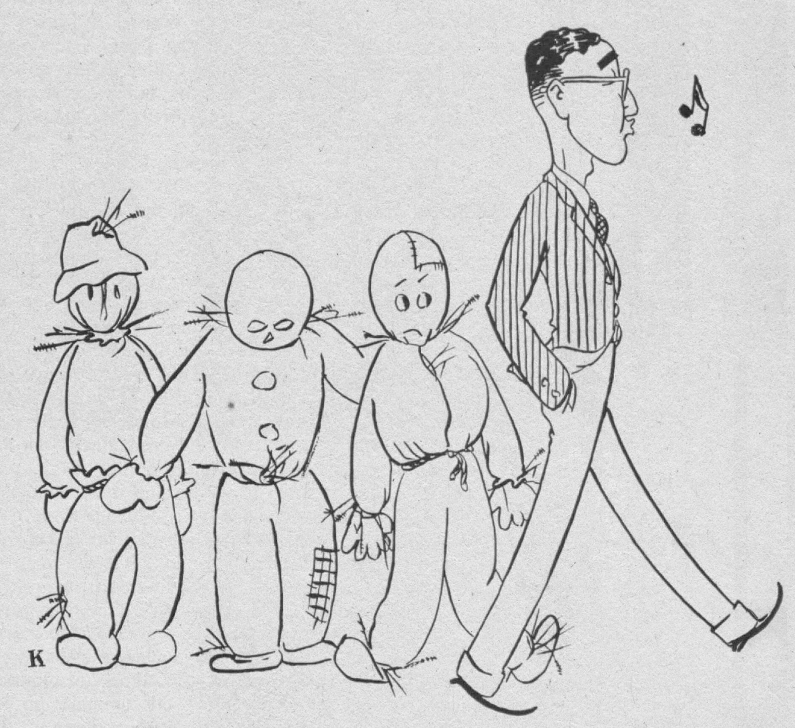 1962 cartoon of Robert Solow walking past three scarecrows and whistling nonchalantly