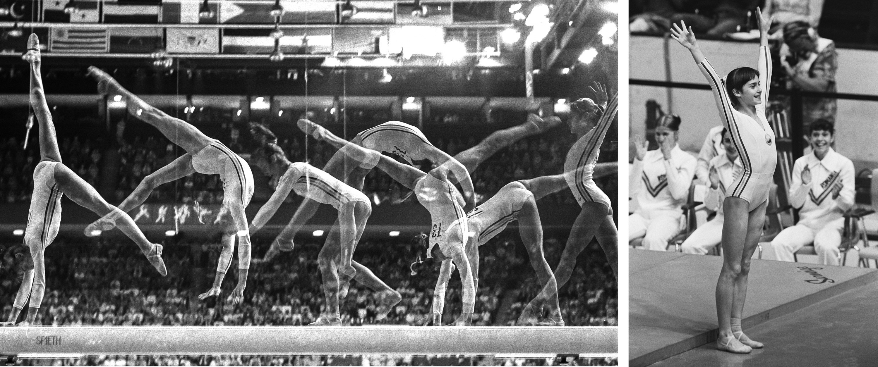 a multiple exposure image of Nadia Comaneci on the balance beam, next to an image of her with both arms raised.