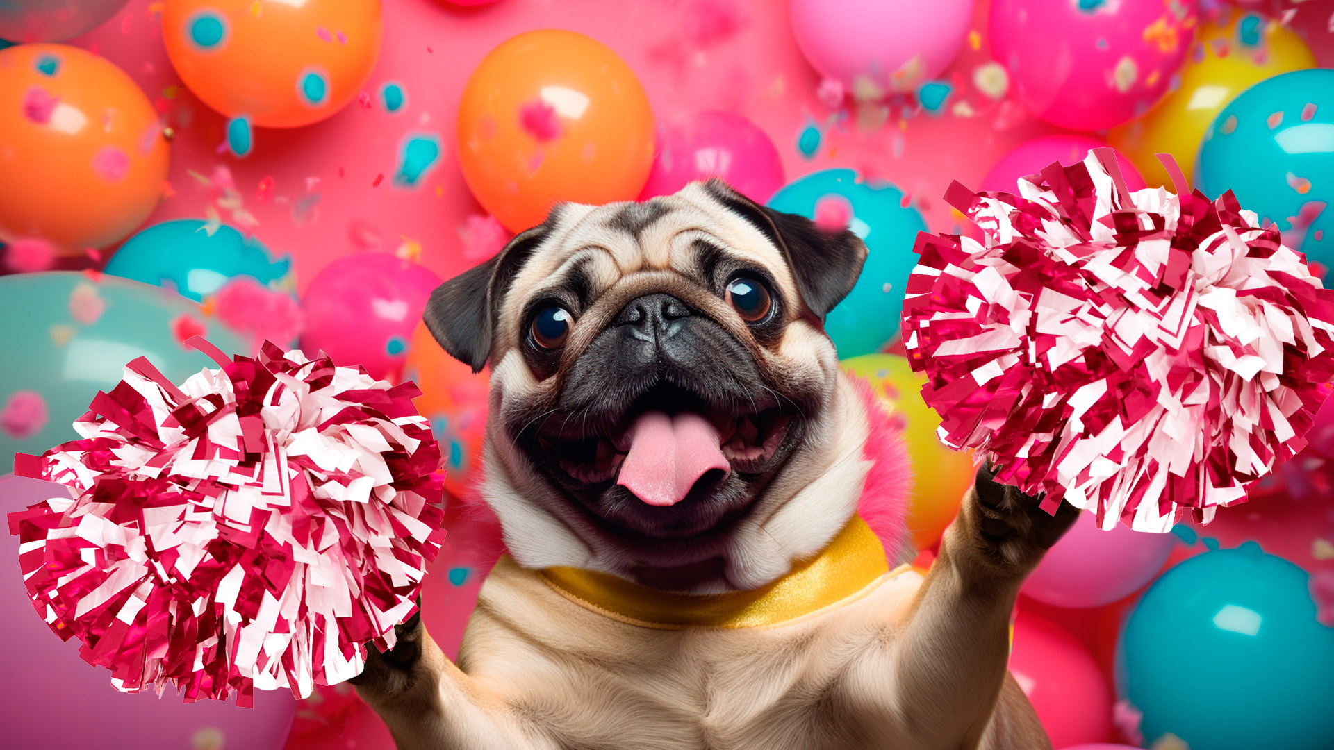 a lovely pug in a studio filled with festive balloons looks up and waves cheerleader pom-poms
