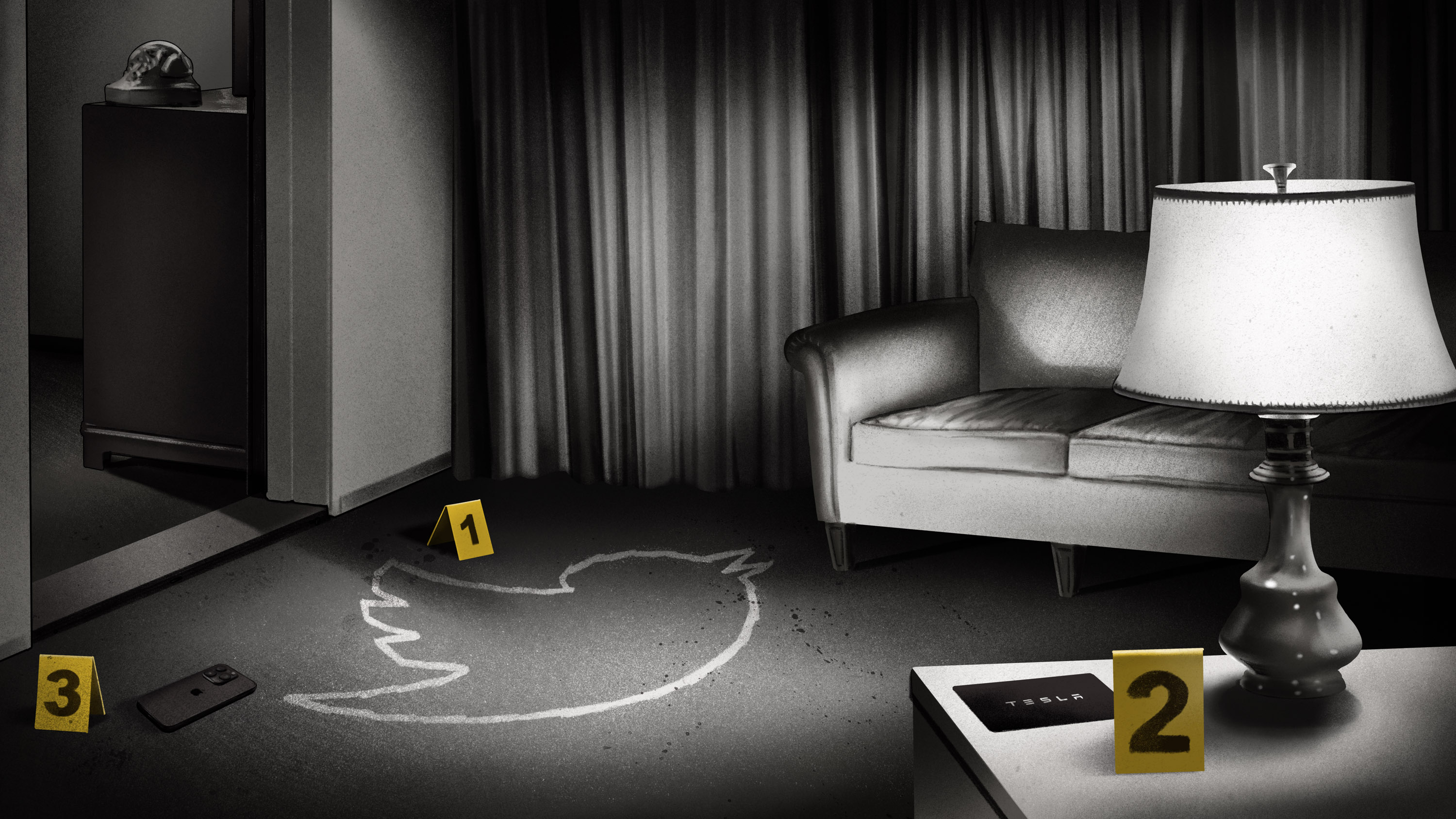 a hotel crime scene in in Hitchcock-era noir film lighting with a chalk outline of the twitter logo marked as exhibit 1. A tesla badge on the nightstand is marked 2 and a cell phone on the carpet is marked 3.