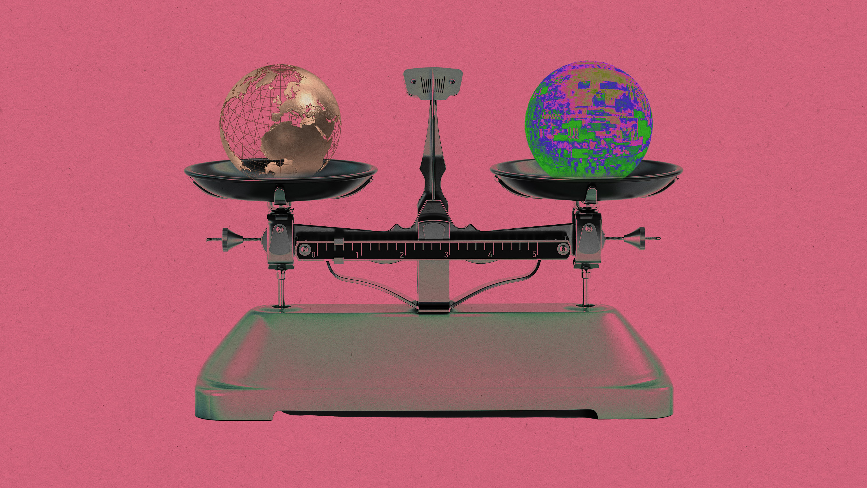 balance scale with a globe and a sphere made of glitch