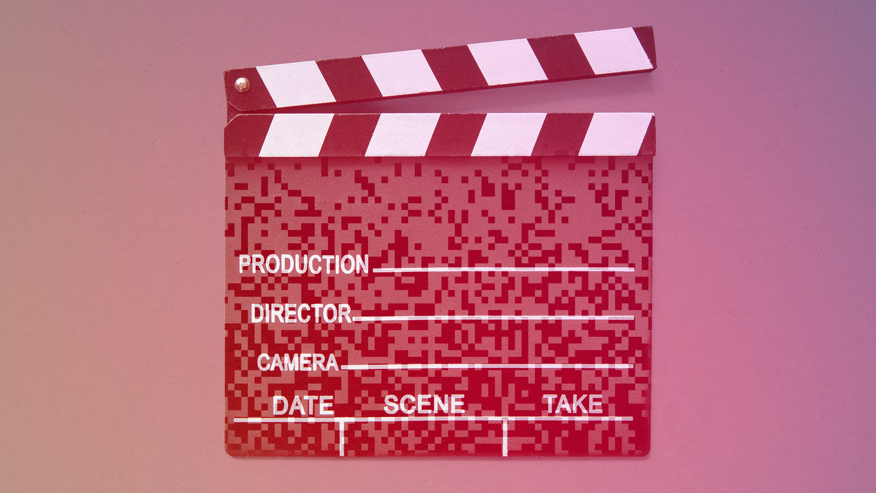 a film clapper with digital patter where the production info should be
