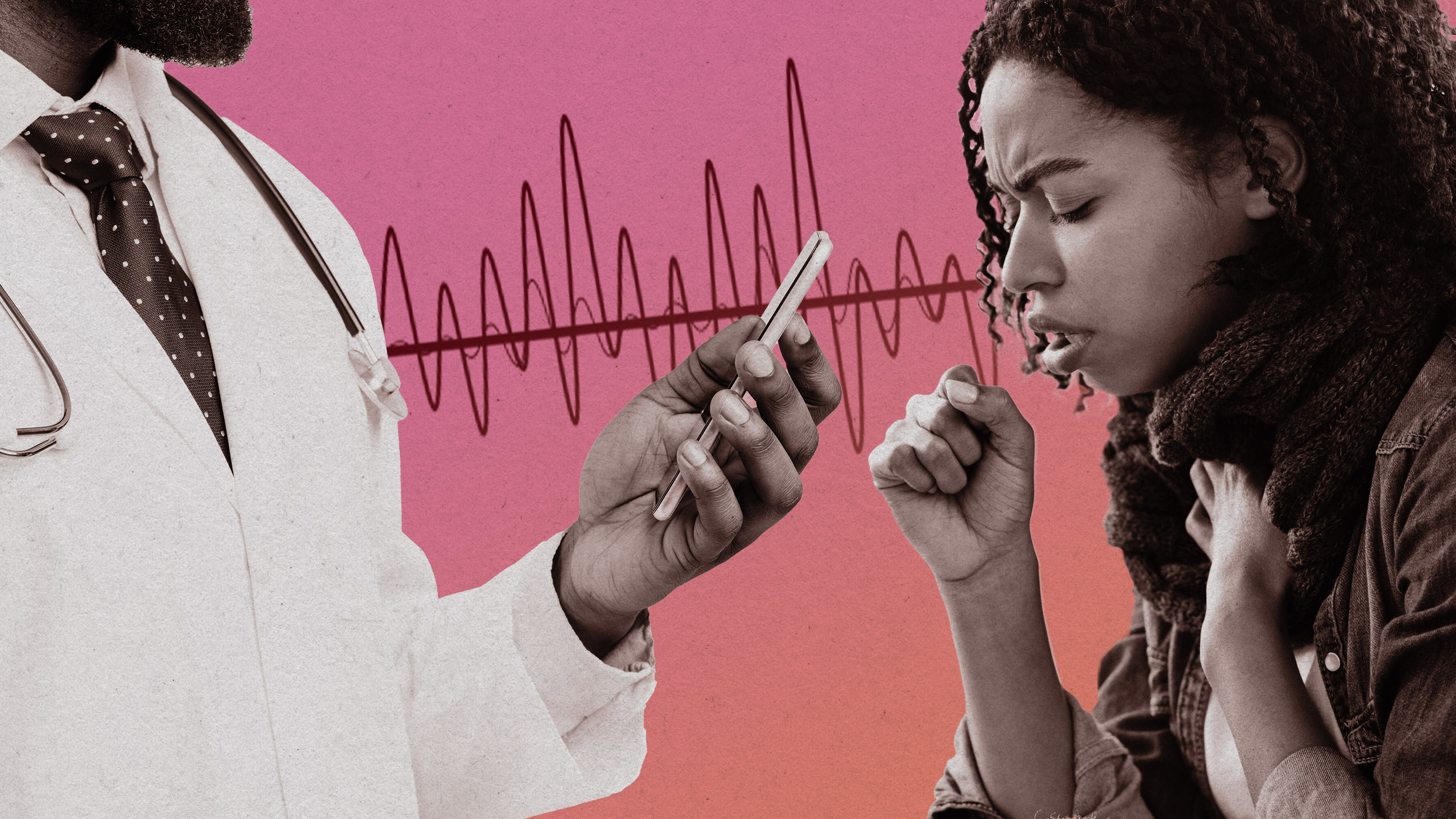 a doctor holds up a phone toward a patient coughing. A sound wave is propagating in the background