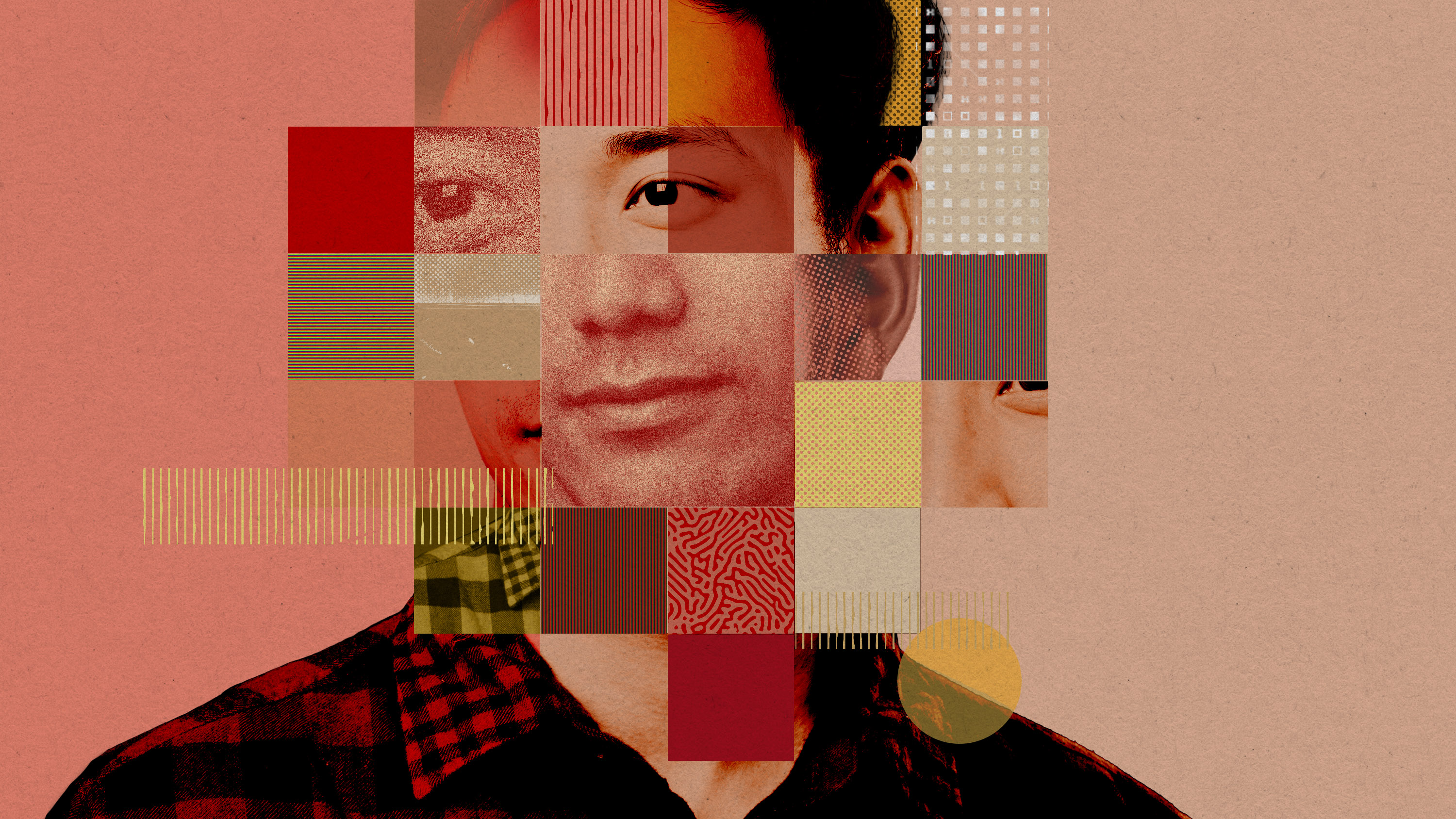 a man&#039;s portrait broken and reassembled into a grid with bar code and fingerprint patterns