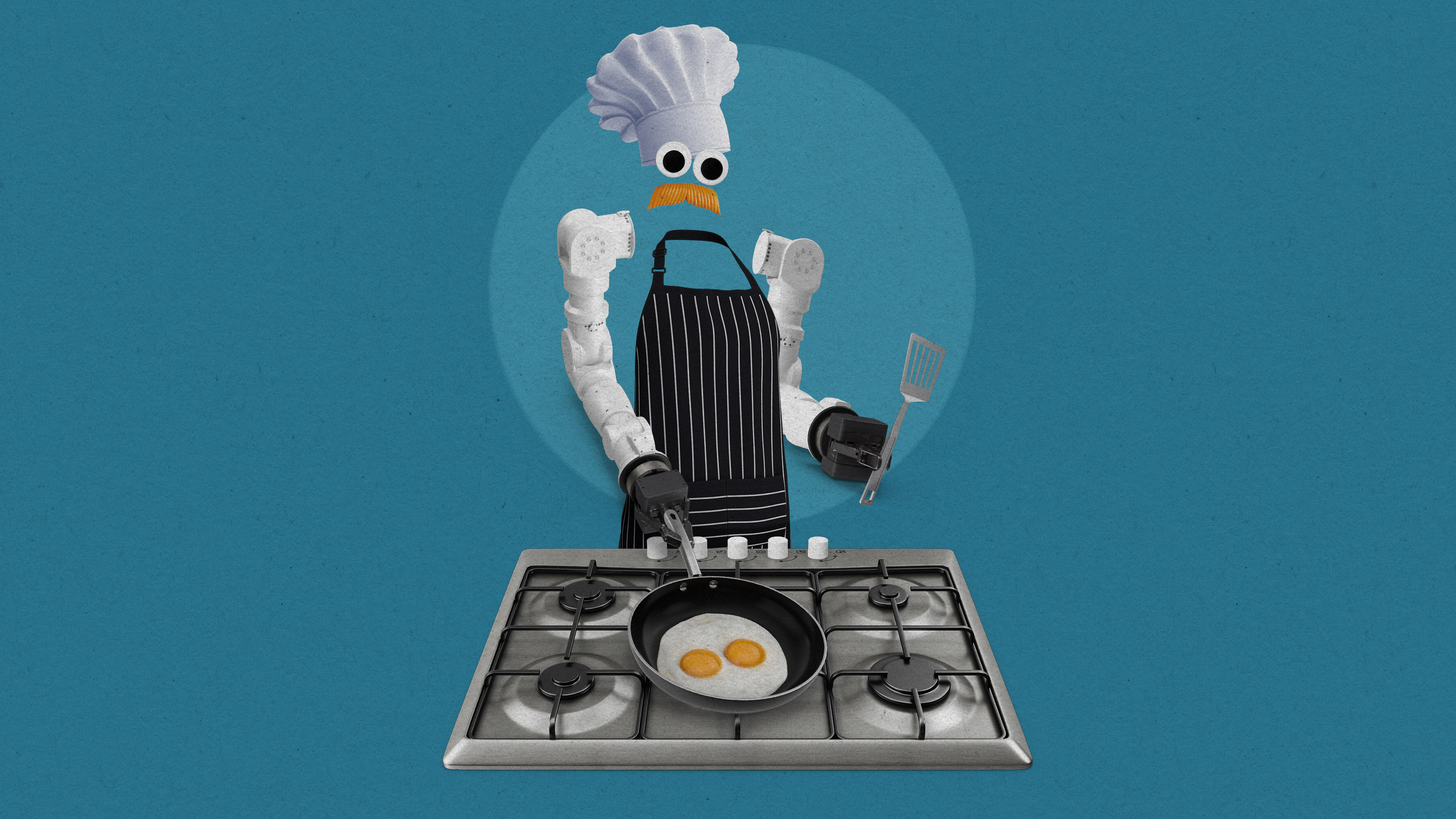 robot chef over a cooktop making eggs