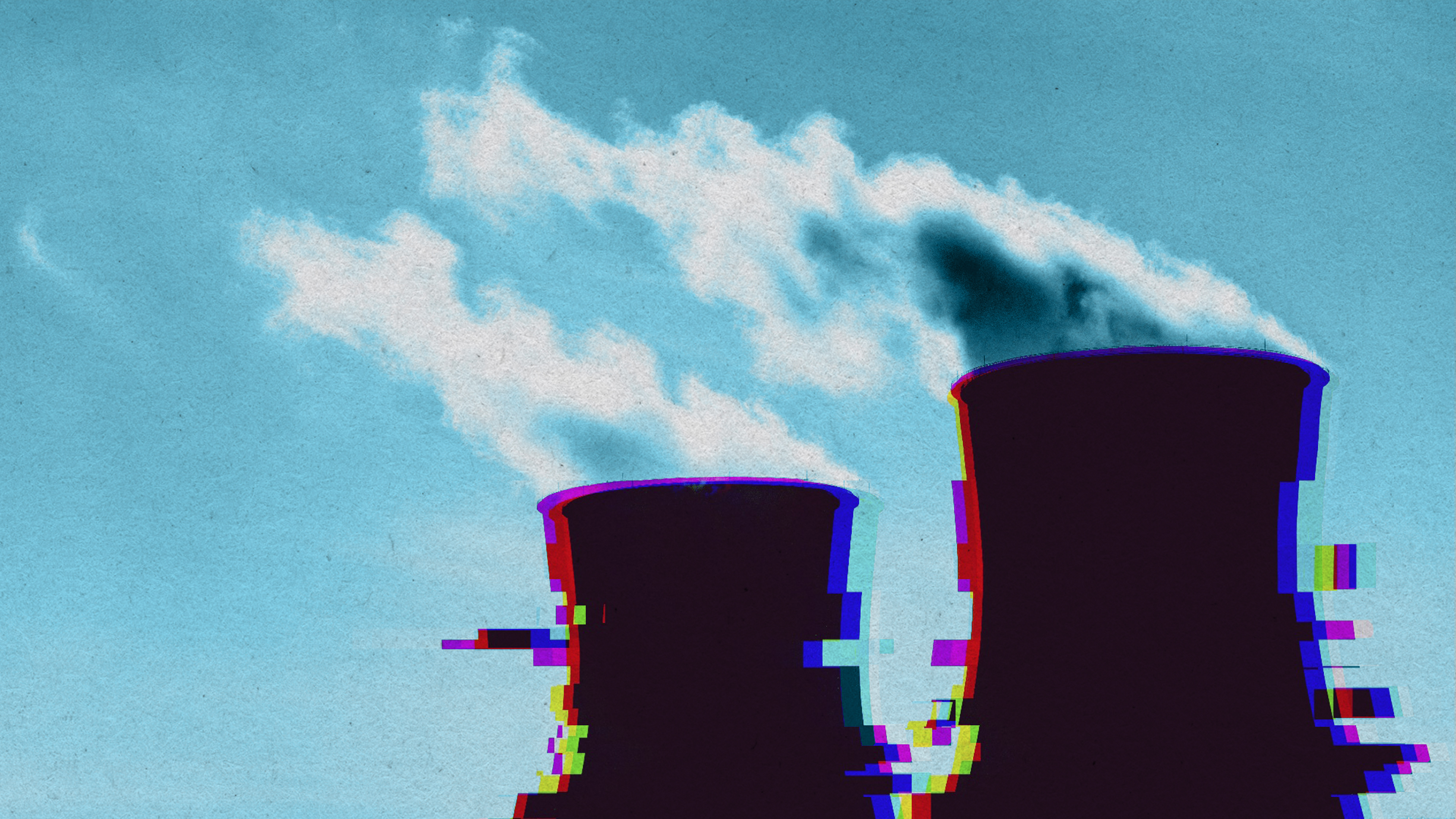 Photo illustration concept of virtual power plant, showing two power plant stacks with a glitch effect.
