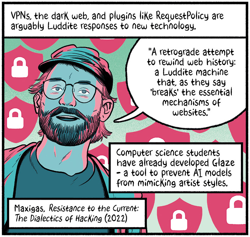 The text reads, "VPNs, the dark web, and plugins like RequestPolicy are arguably Luddite responses to new <a href=