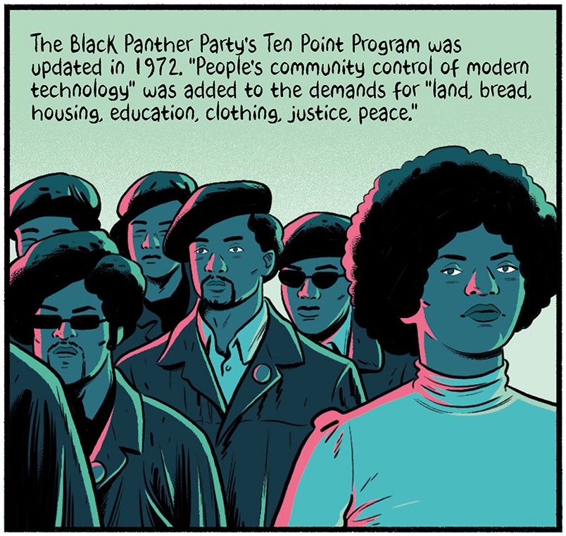 A group of Black Panthers standing together.  The text reads, "The Black Panther Party's Ten Point Program was updated in 1972. 'People's community control of modern <a href=