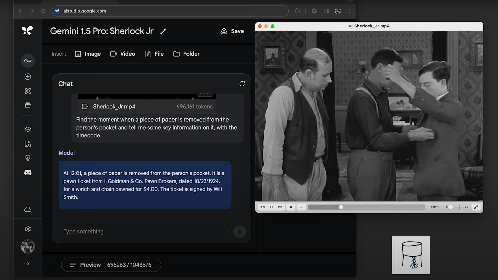 screenshot from a Gemini 1.5 Pro demo of the request to find the timestamp in Shelock Jr where a piece of paper is removed from Buster Keaton&#039;s pocket