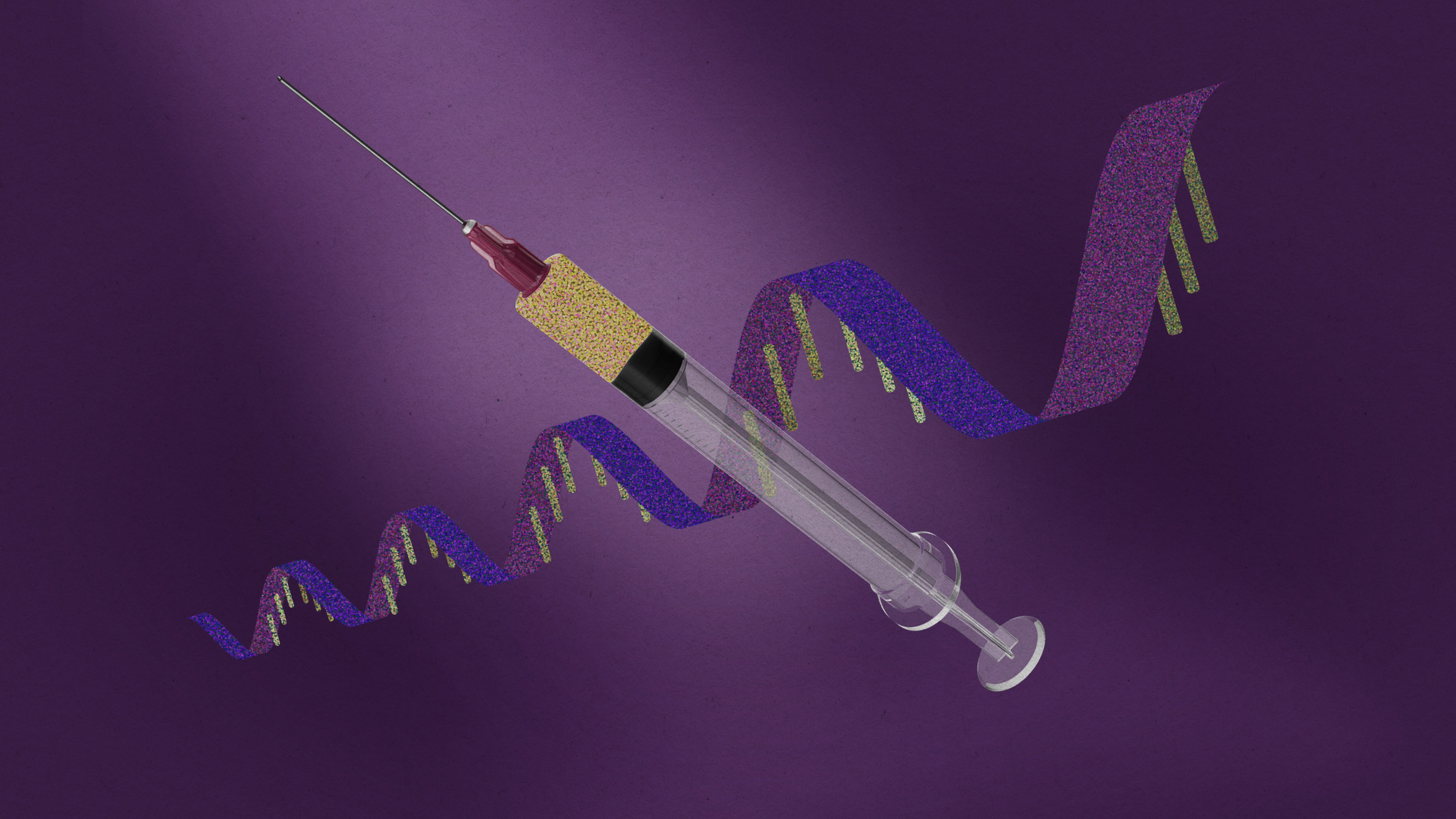 syringe in front of a strand of RNA that is larger at the right than at the left