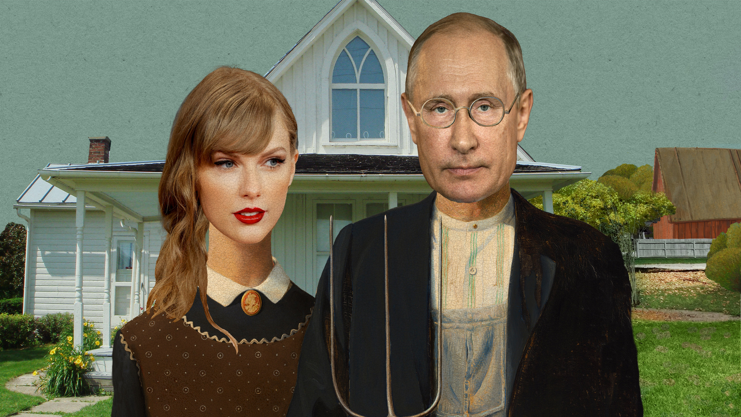 Taylor Swift and Vladimir Putin in the style of American Gothic