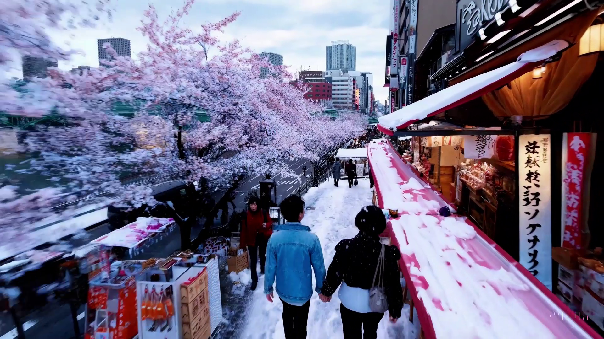 still frame from an AI-generated video following 2 people walking down a snowy sidewalk in Tokyo