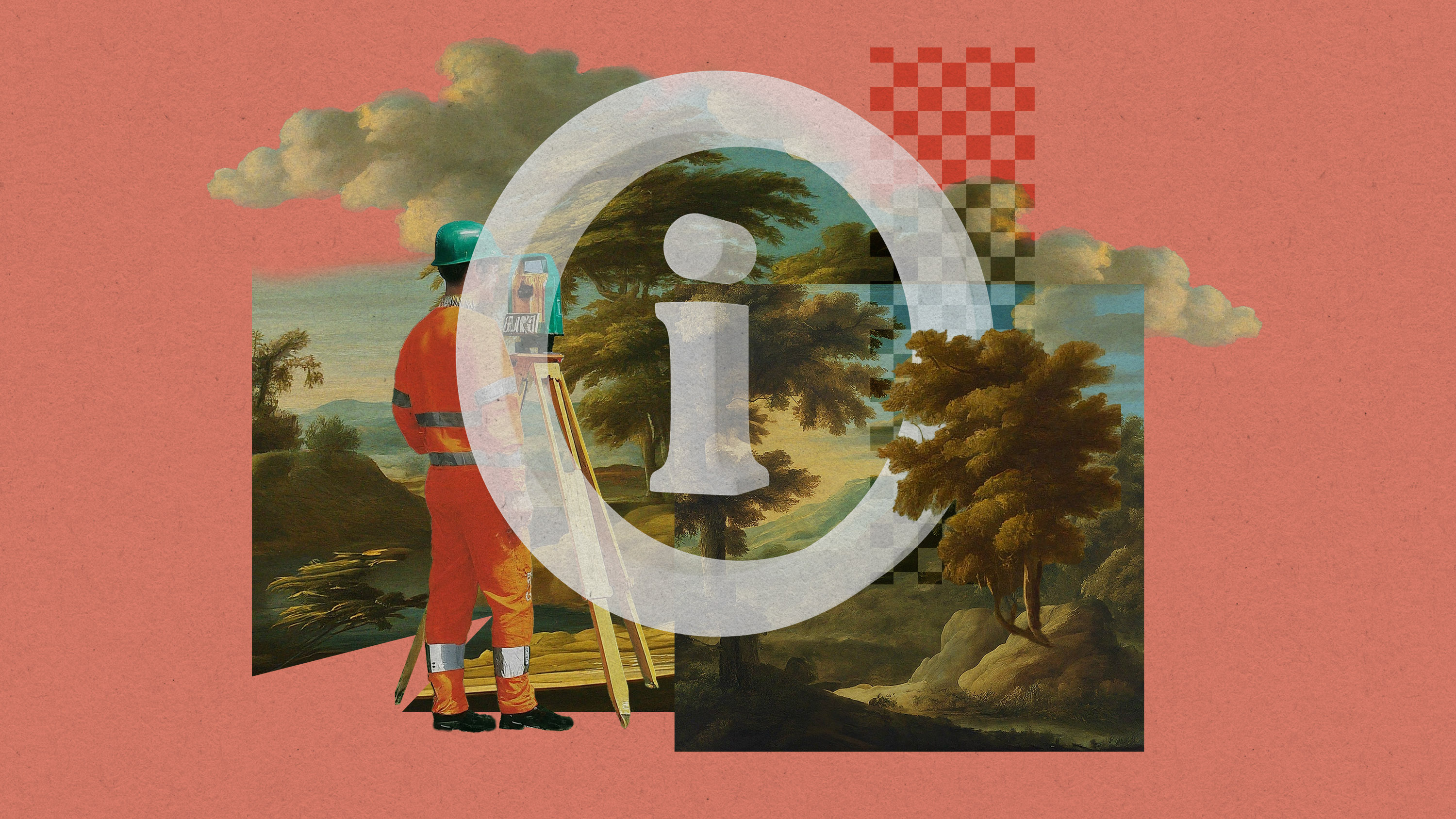a surveyor examines pieces of a landscape painting with pixel pattern and an info icon embedded in the center