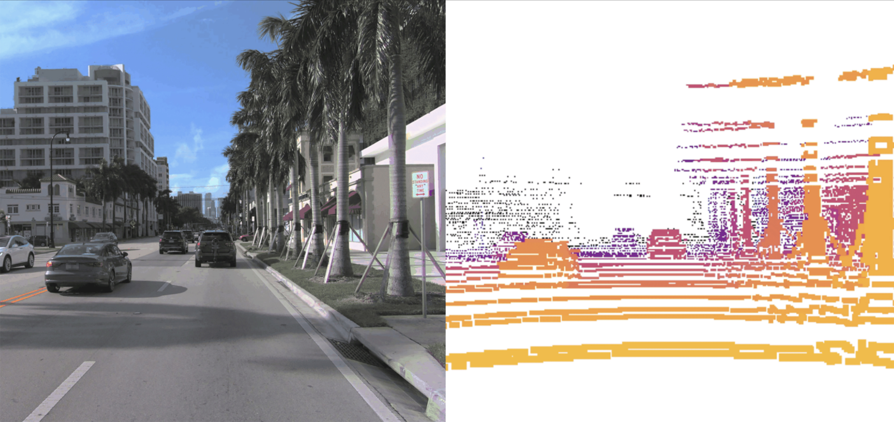 A two-panel photo of the same image taken using a camera and LiDAR.