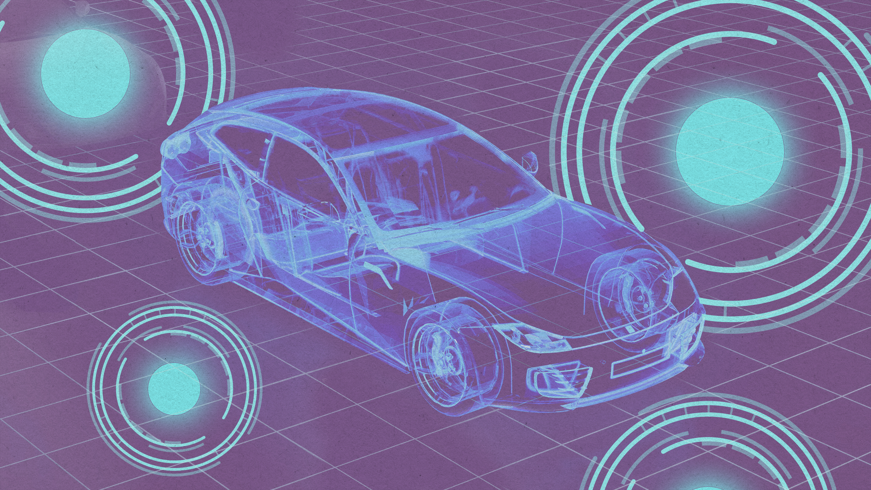 A photo illustration concept showing a self driving car with highlighted points around the vehicle.