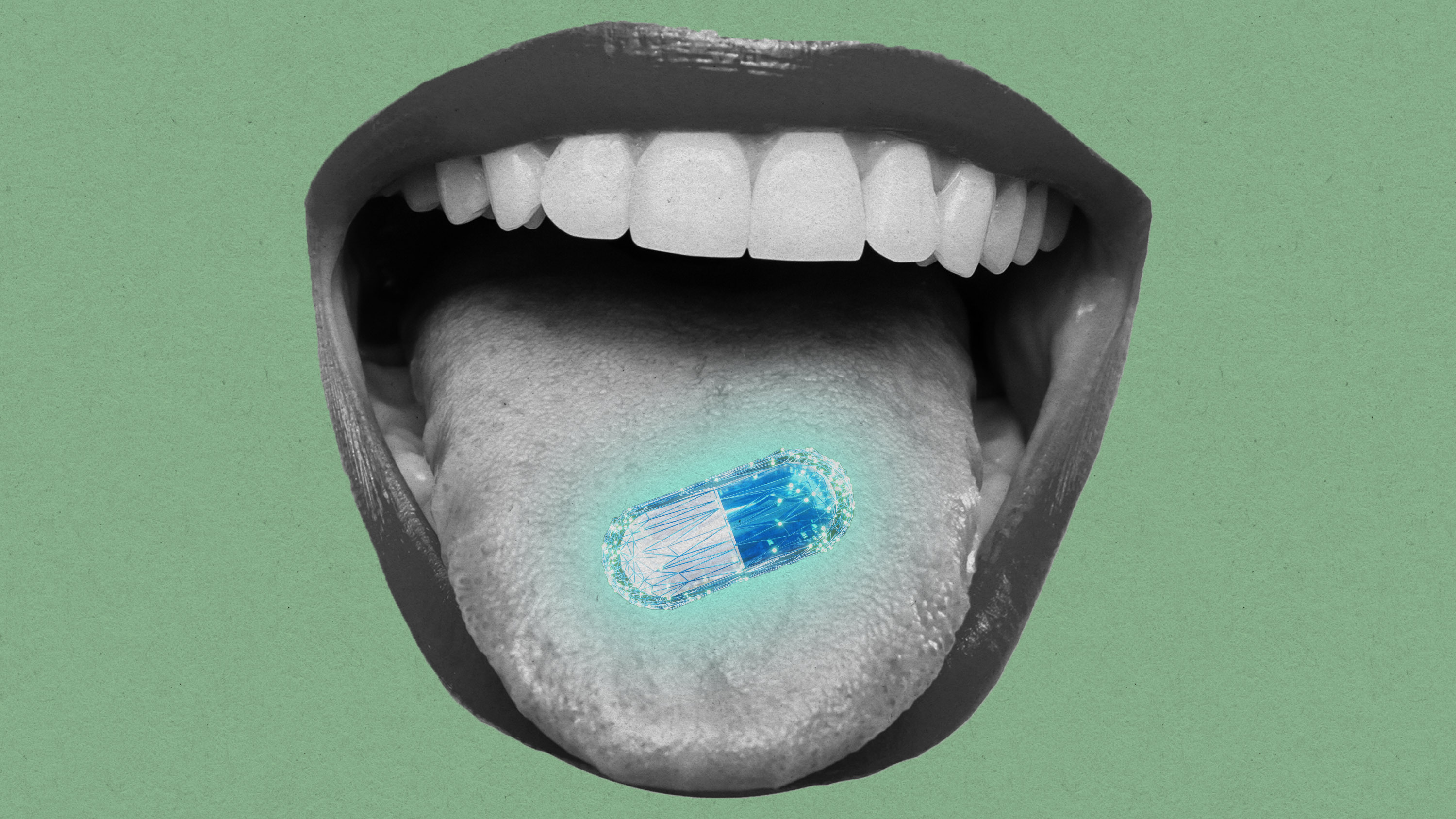 A photo illustration concept shows a mouth with a digital pill on the tongue.