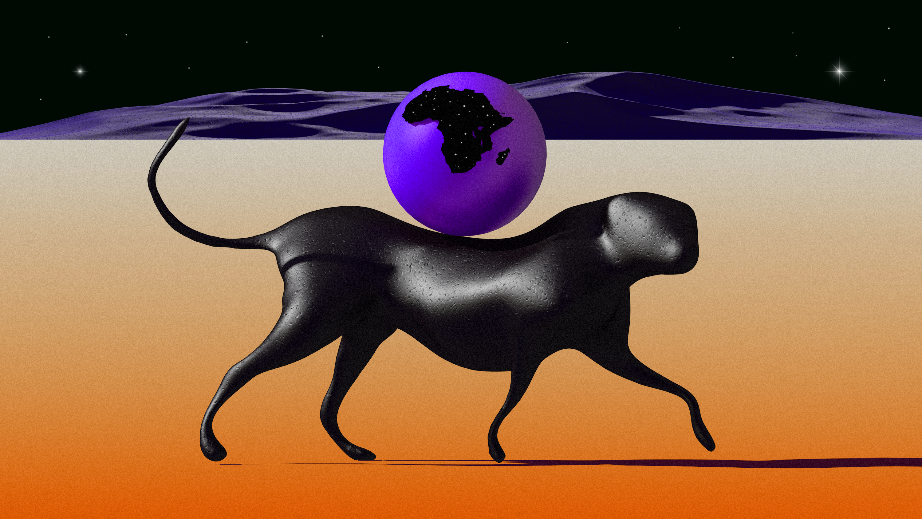 a purple globe showing a black starry African continent riding on the back of a black panther striding across the desert with purple mountains on the horizon