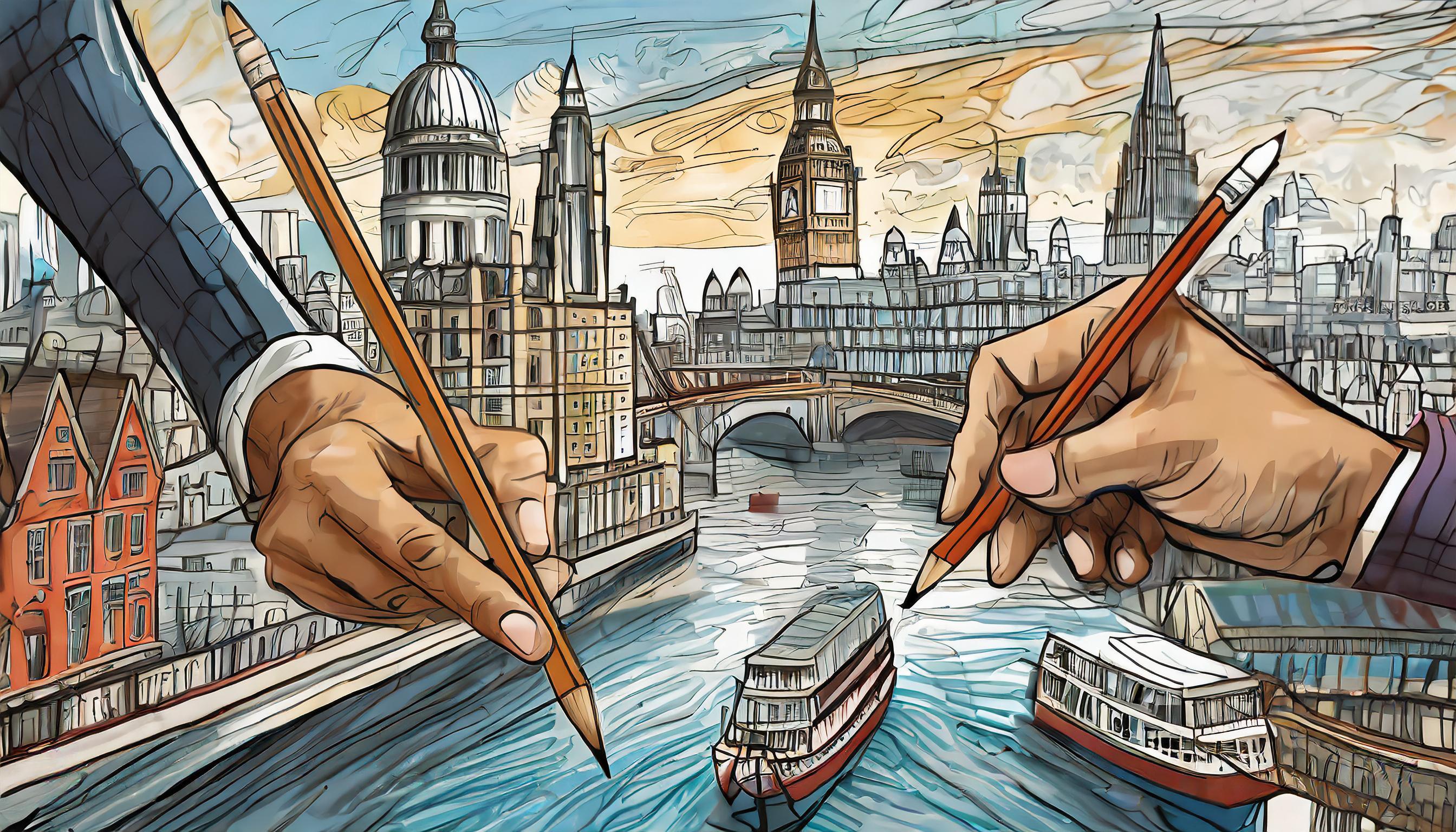 generated image of two hands drawing a scene of London down the Thames