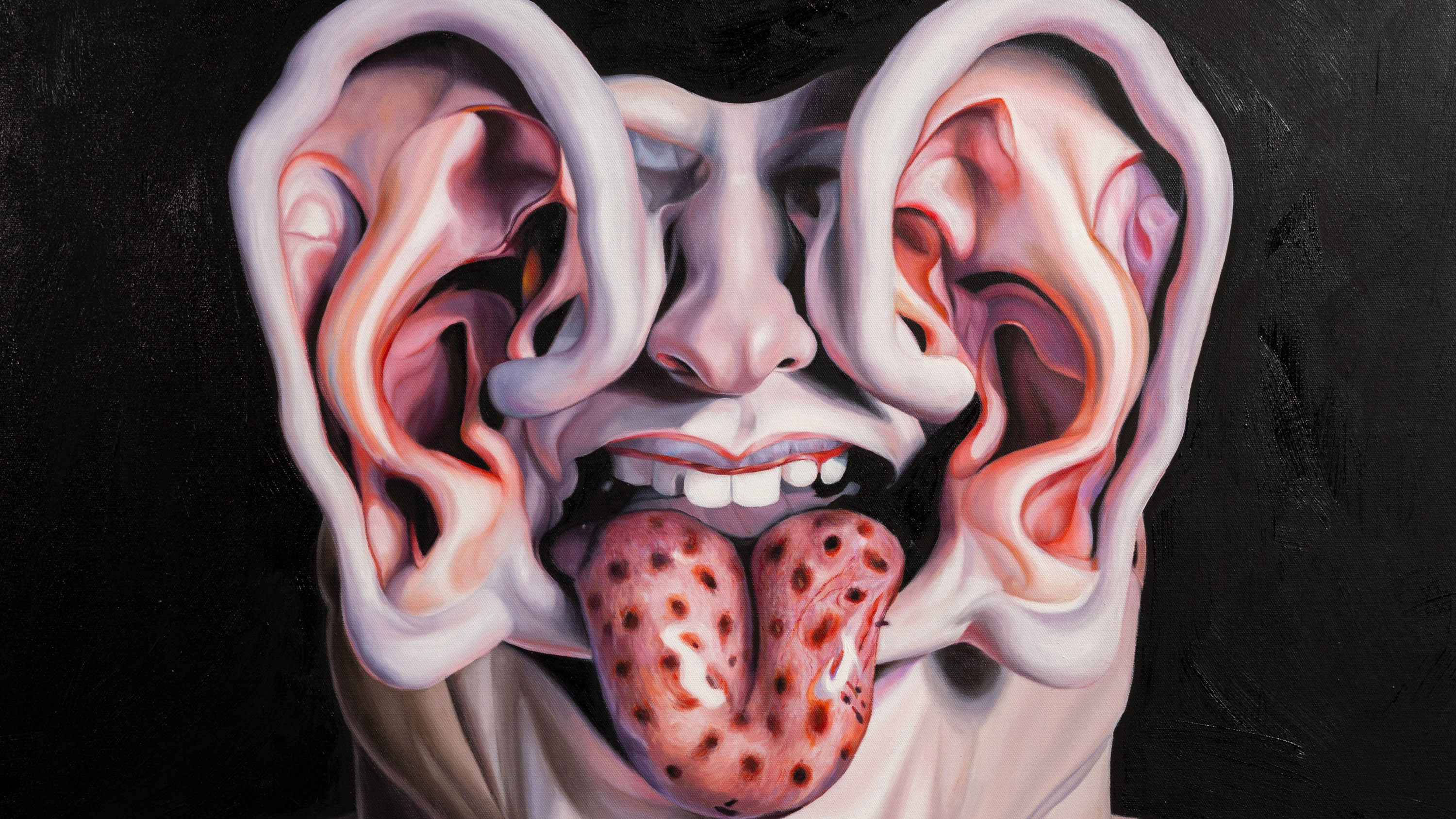 detail from painting of deformed head where massive ears on the front of the face block the eys and a glossy strawberry textured tongue protrudes from the open mouth.