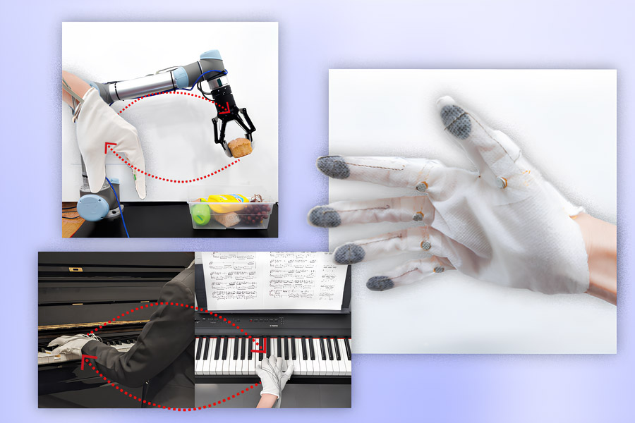 composite image showing a hand wearing smart glove, the gloved hand next to a robotic hand, and the glove playing the piano