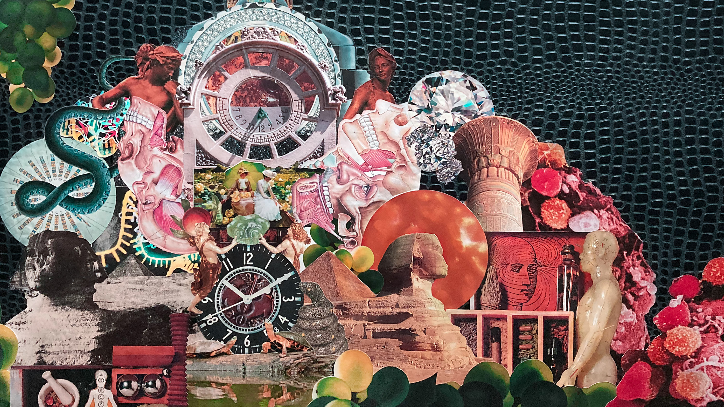 una montaña de ilustraciones médicas, relojes, jade, esfinge, mortero, marcadores de ADN con escultura clásica