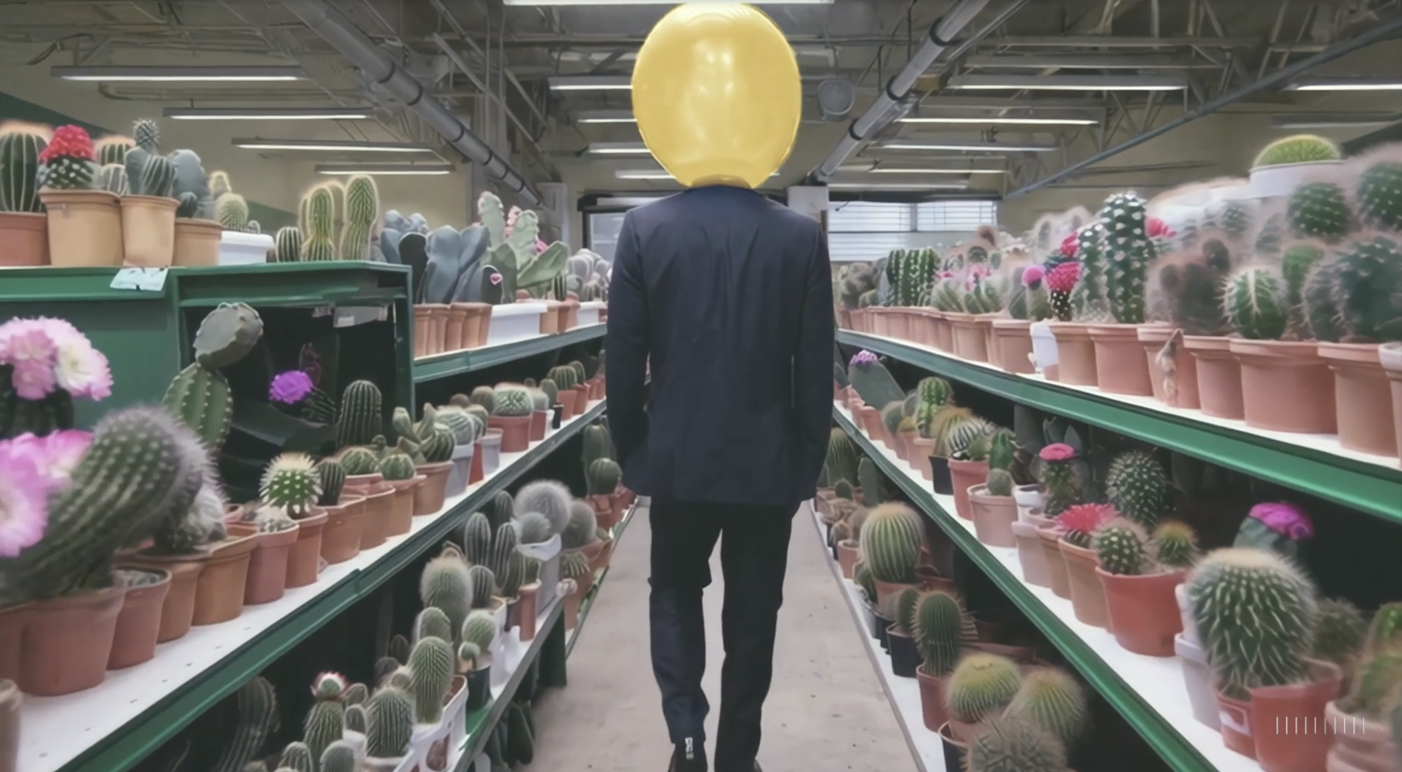 a person with a balloon head walks away from us down a shop aisle of potted cactus plants
