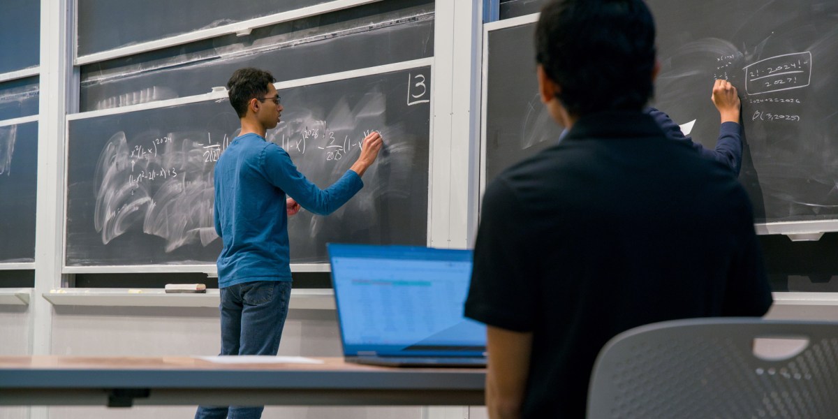 Adithya Balachandran ’25 works on a problem at the 43rd Annual MIT Integration Bee in January. Students who place in the top 16 on a 20-minute, 20-q