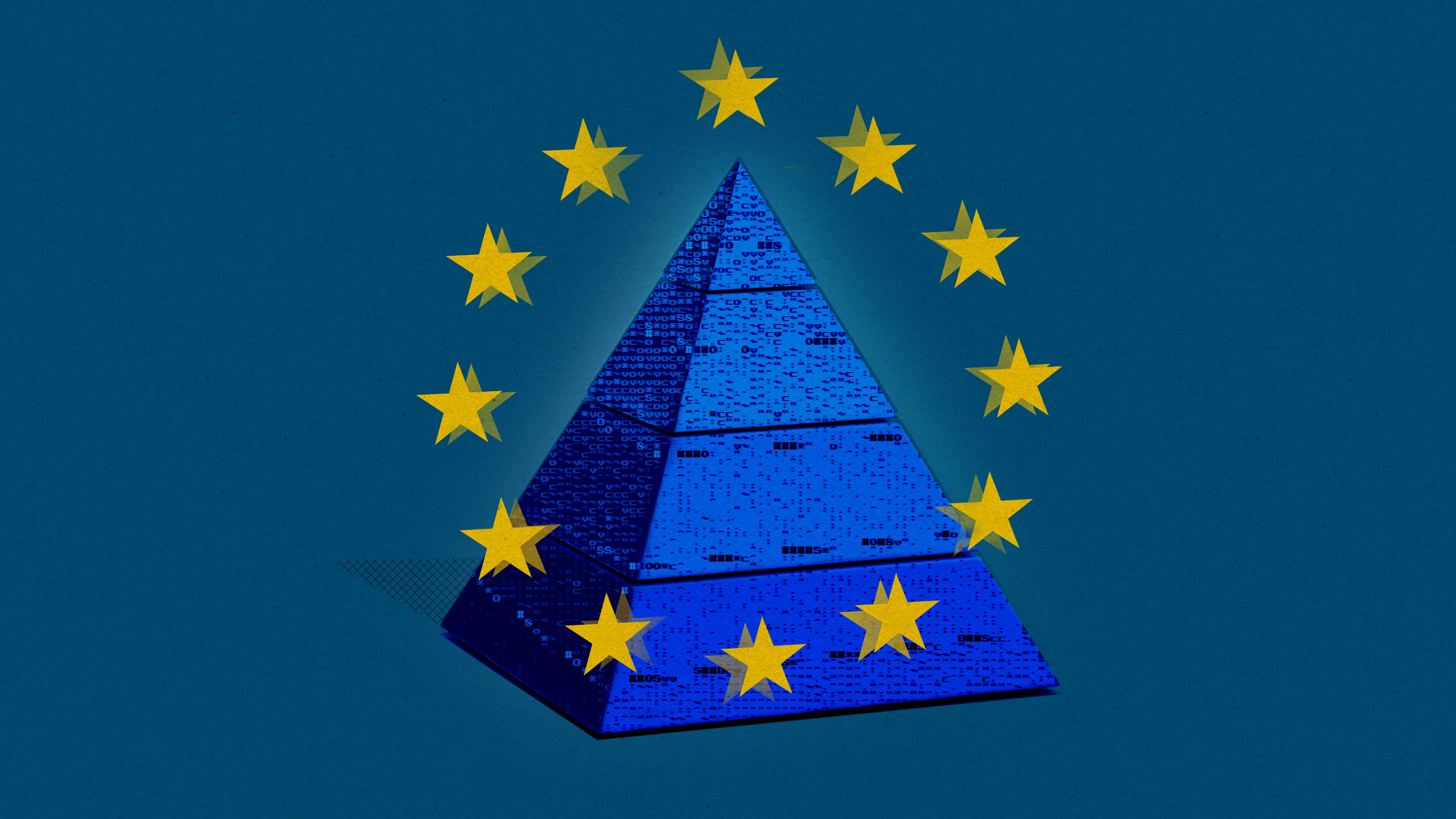 blue four-stage risk assessment pyramid with ascii characters beneath the yellow ring of stars of the European Union flag