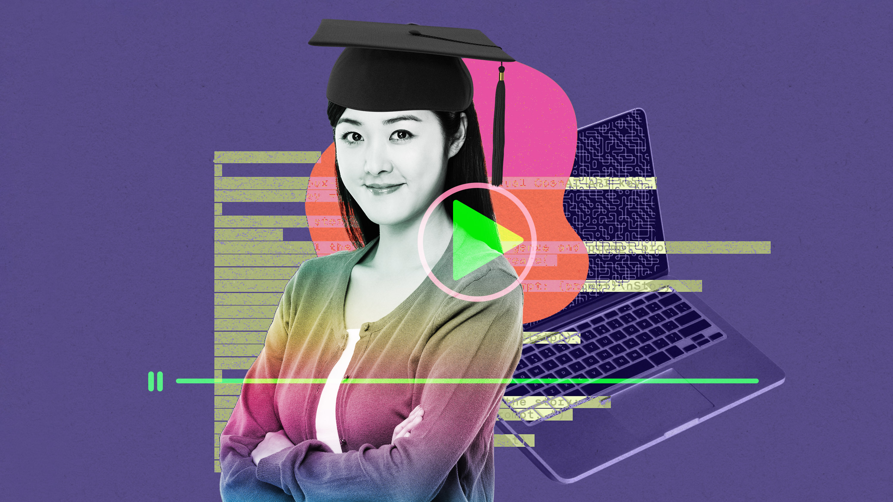 ad for glitchy online course with girl in graduation cap and a laptop