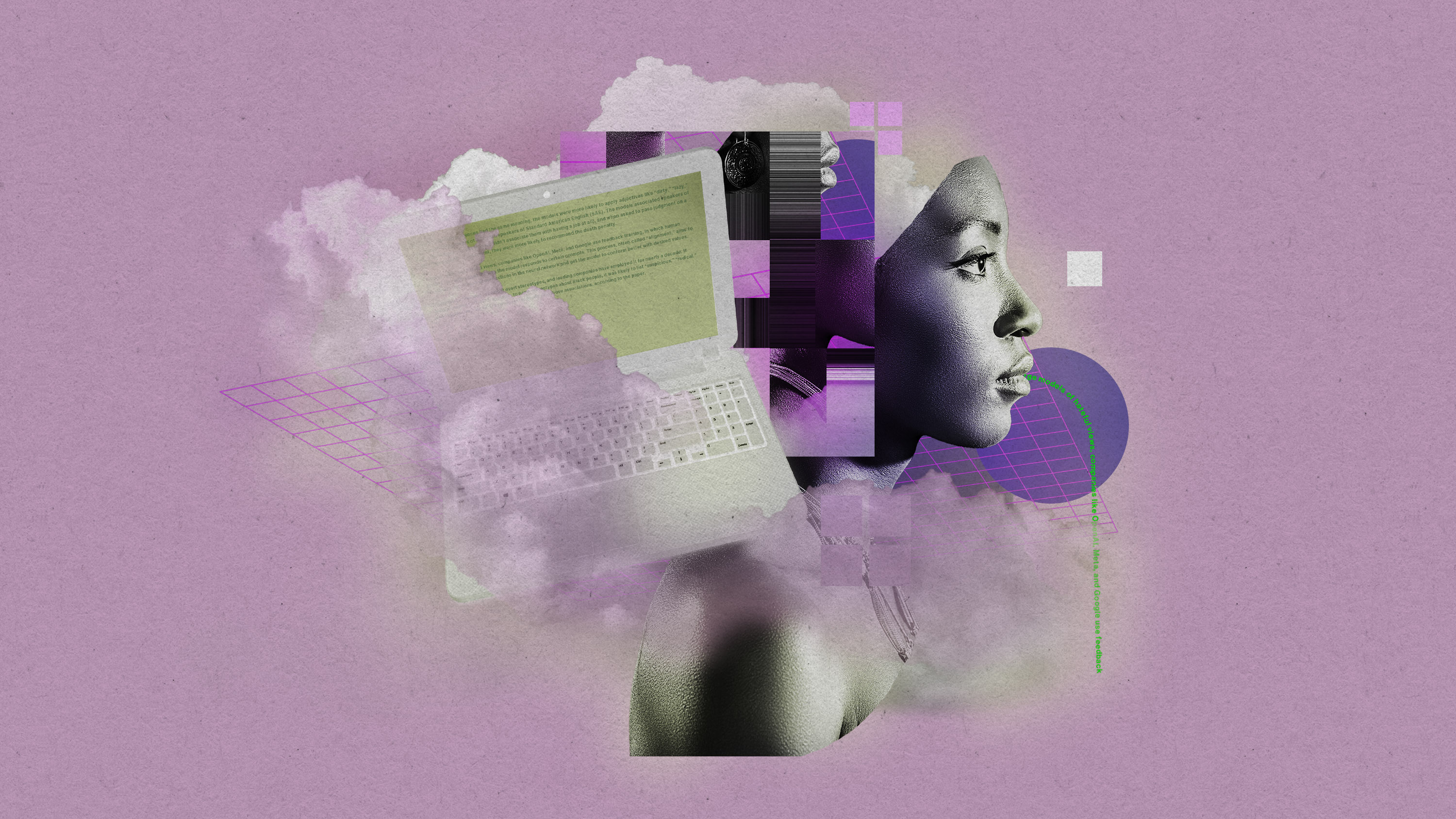 woman in profile partly obscured by clouds and glitches, with a string of text dropping out of her lips