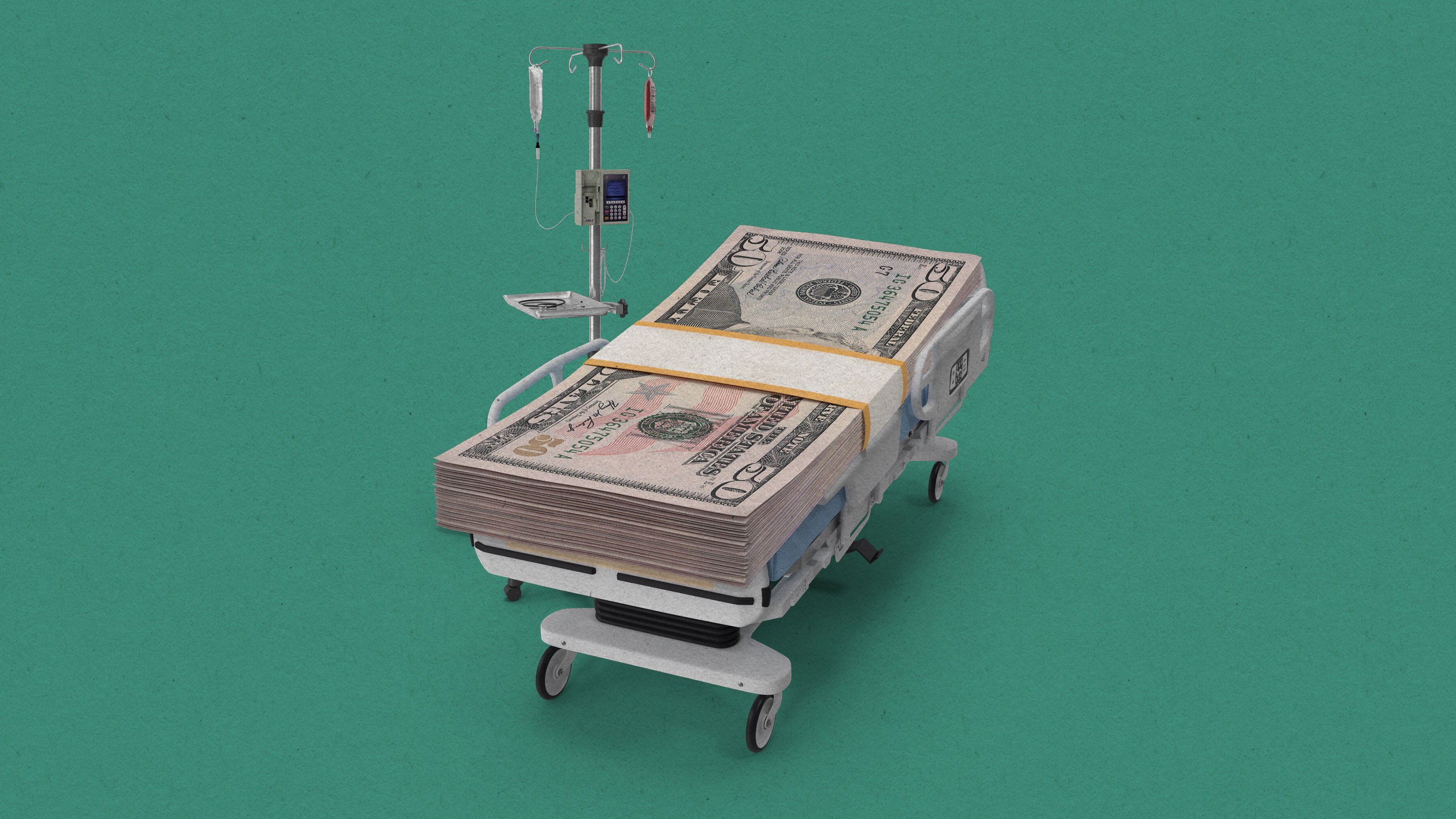 hospital bed made of a stack of money next to an IV treatment stand