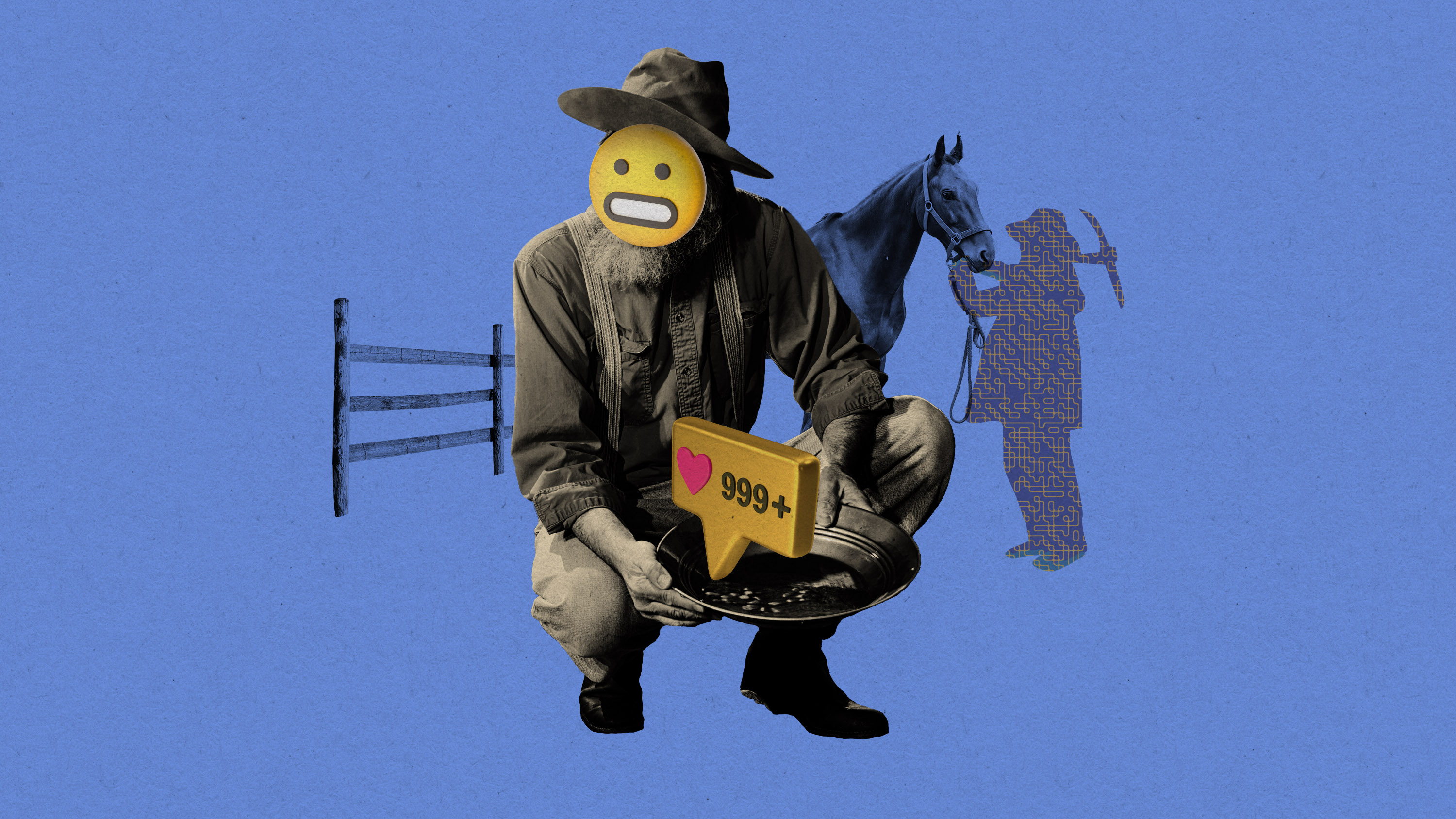 prospector with an emoji grimace pans for 999 gold love reactions, while behind him a code pattern in the shape of a person with a pickaxe holds the bridle of a horse