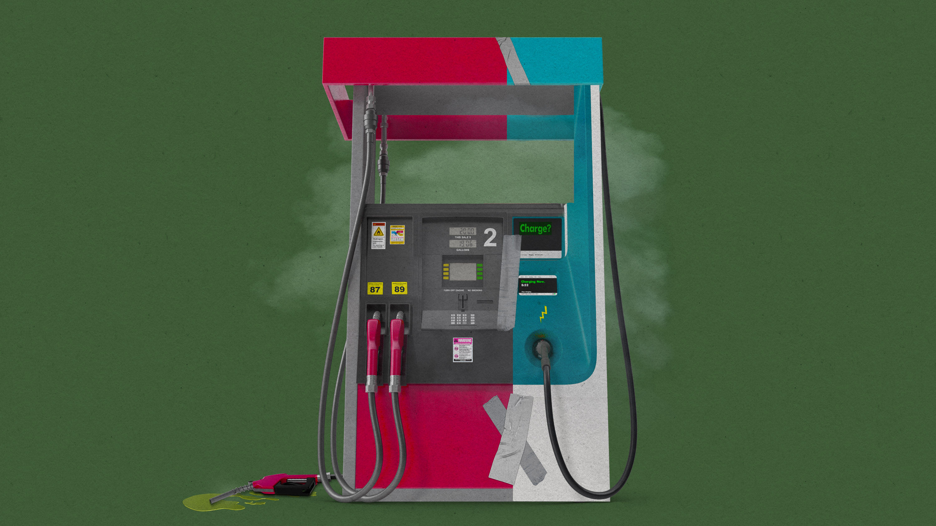 fuel pump hybrid with electric charger on the right in blue and the gasoline pumps in red on the left. A single gas nozzle is leaking onto the ground at far left, and a haze hangs around the pump.