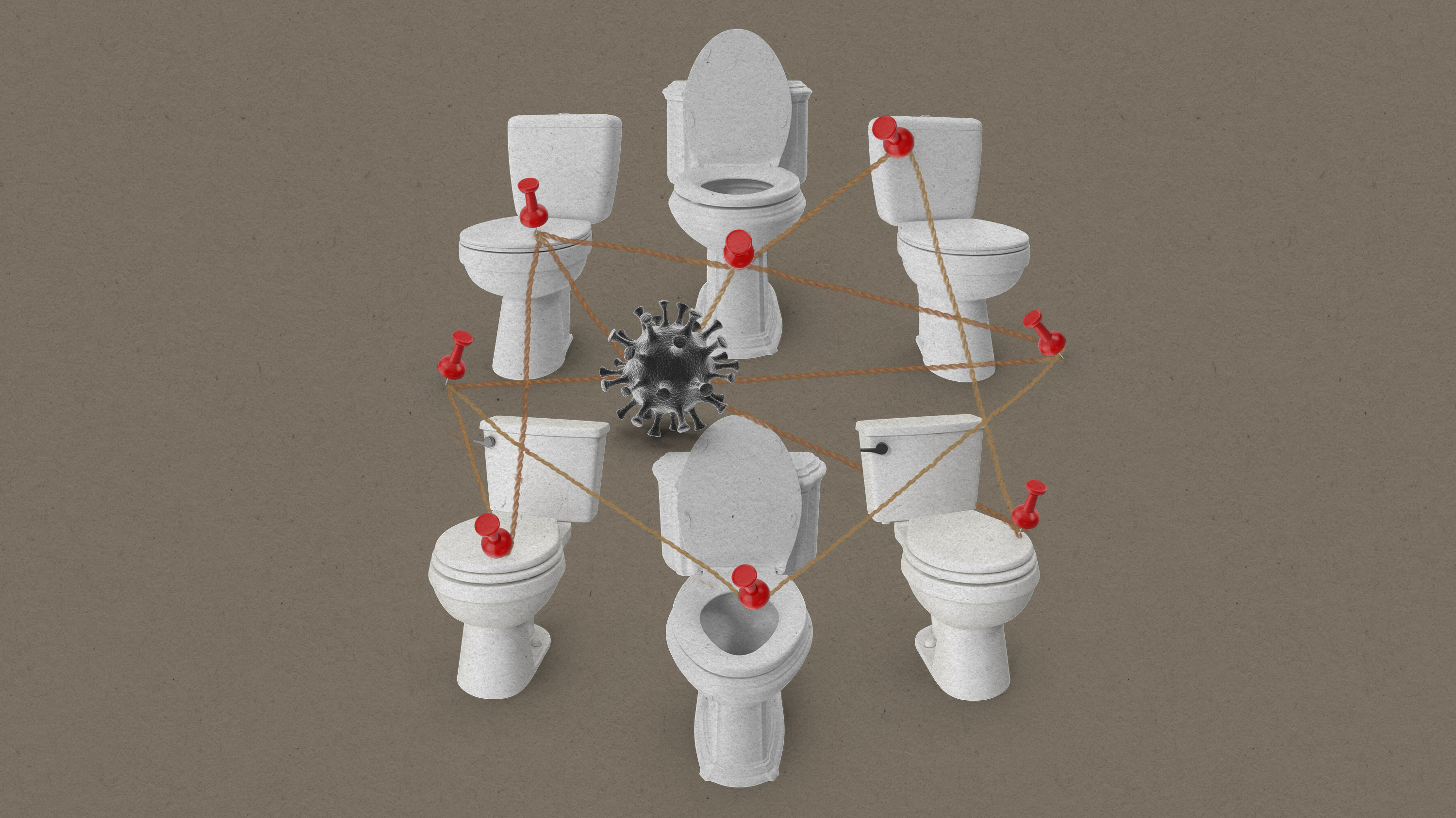 six toilets linked to a covid cell by pushpins and string